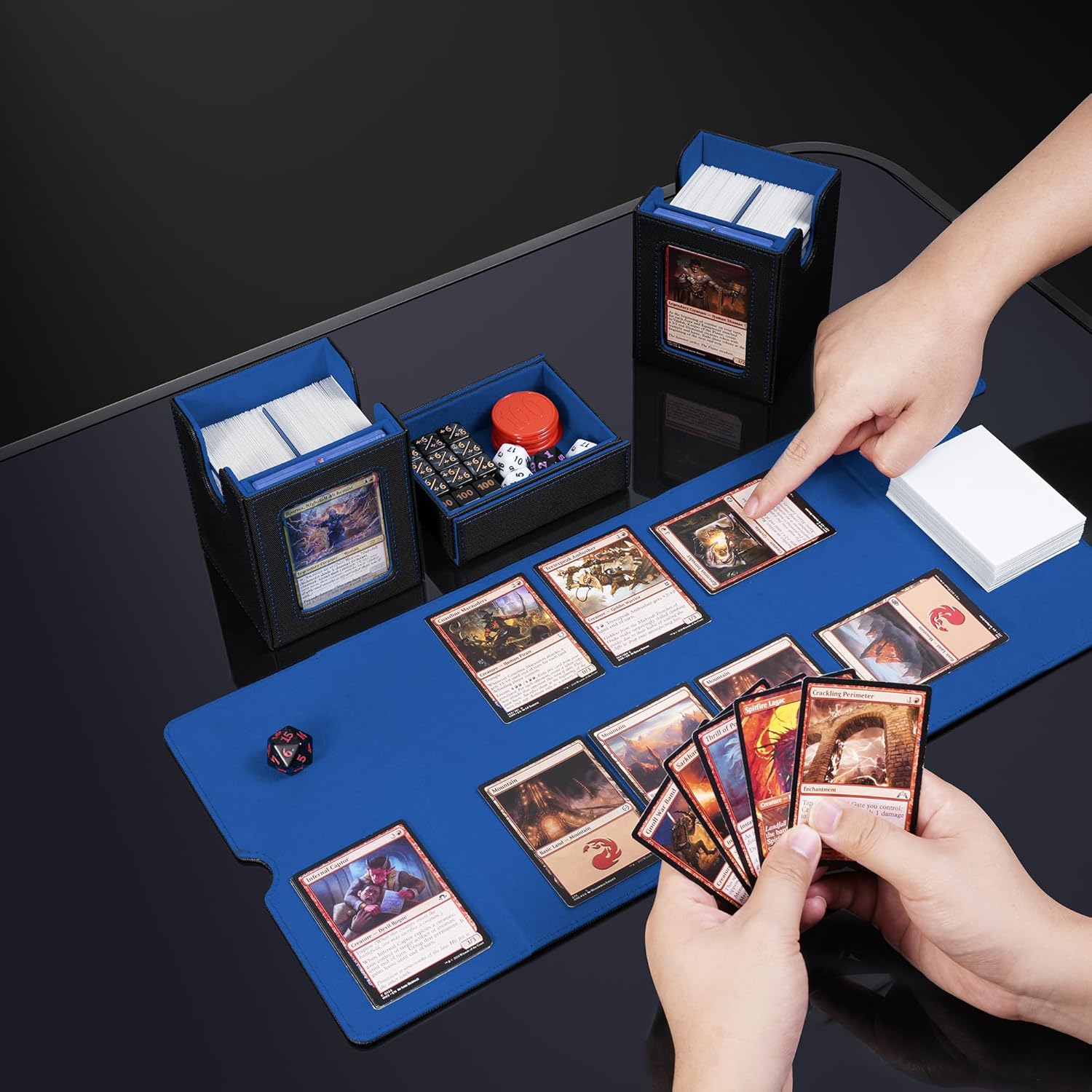 ZLCA Card Deck Box with Commander window Display, MTG Deck Box with Dice Tray Holds 200+ Double-Sleered Cards,Card Storage Case fit for YuGiOh,MTG,Sport (Black&Blue)