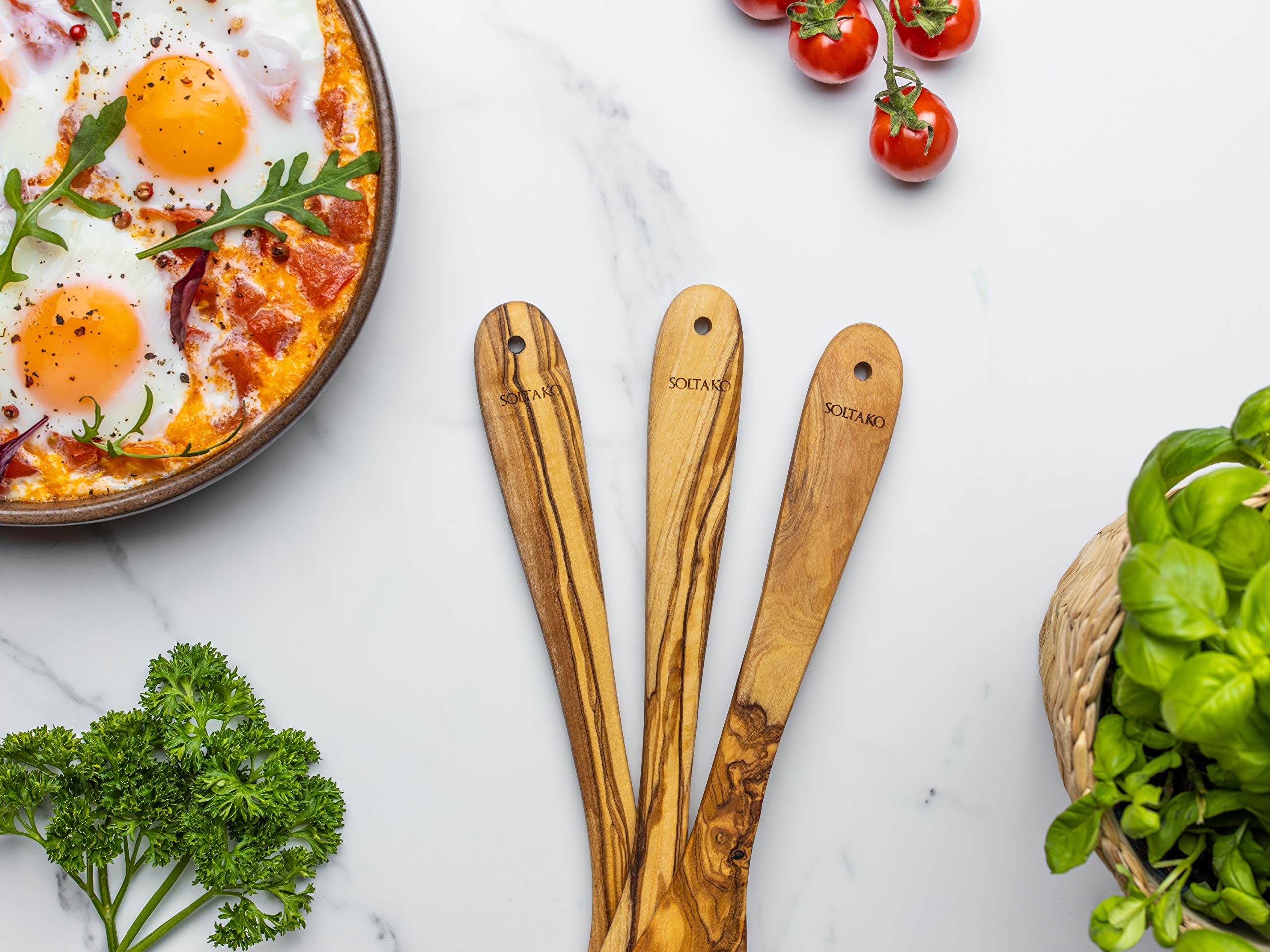 SOLTAKO Ustensiles de Cuisine - Cuillères, Spatules et Palettes - Cuillères de Cuisine en Bois d’Olivier Brut - Spatules, Couvert à Salade, Fourchette, Cuillère à Riz 30cm