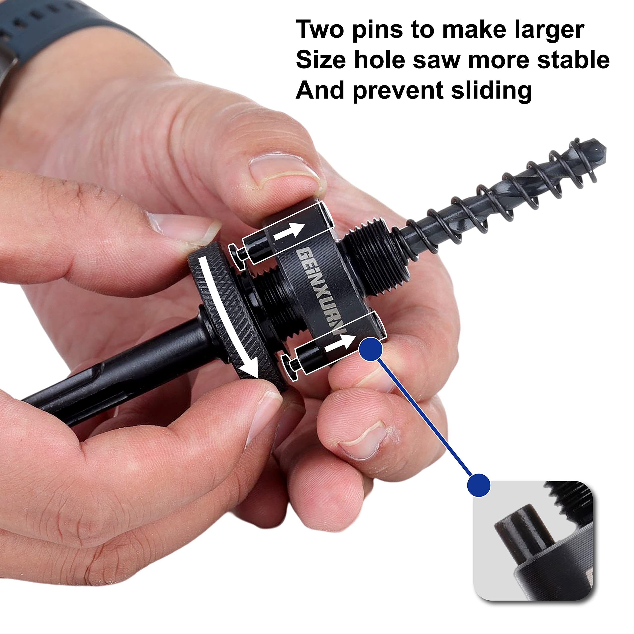 GEINXURN SDS-Plus Mandril de sierra perforadora, incluye 2 cenadores de sierra perforadora con 3 brocas centrales HSS (M2) de 1/4 pulgadas, 2 llaves hexagonales, 2 resortes