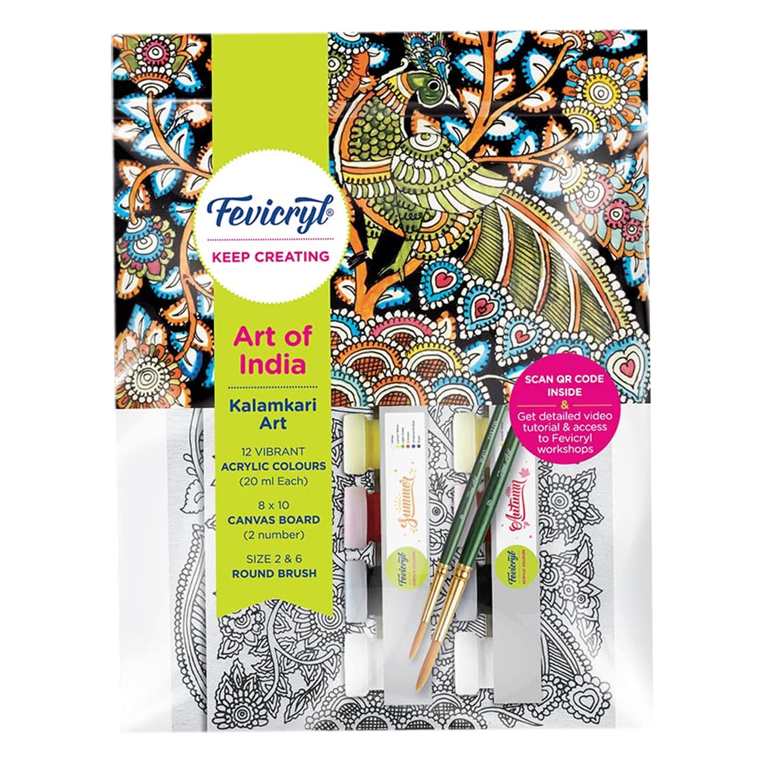 Fevicryl DIY Art of India Kalamkari Art kit | DIY Acrylic Painting Set with Acrylic Paints 12 Shades | Set of 2 Round Brus...