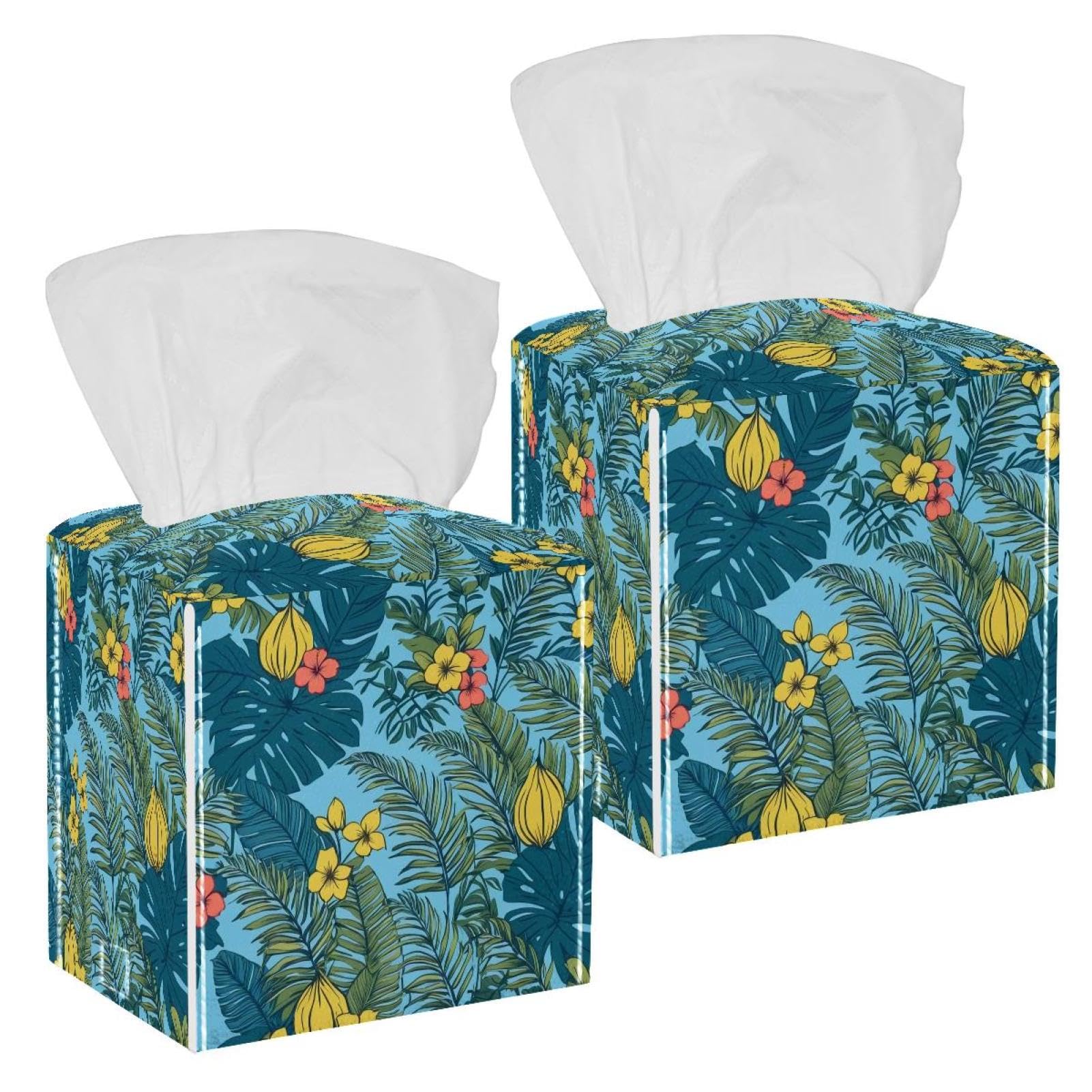 Artistic Leaves Tissue Box Cover, 2 Pack PU Leather Square Facial Tissue Dispenser Box holder for Home Office Car