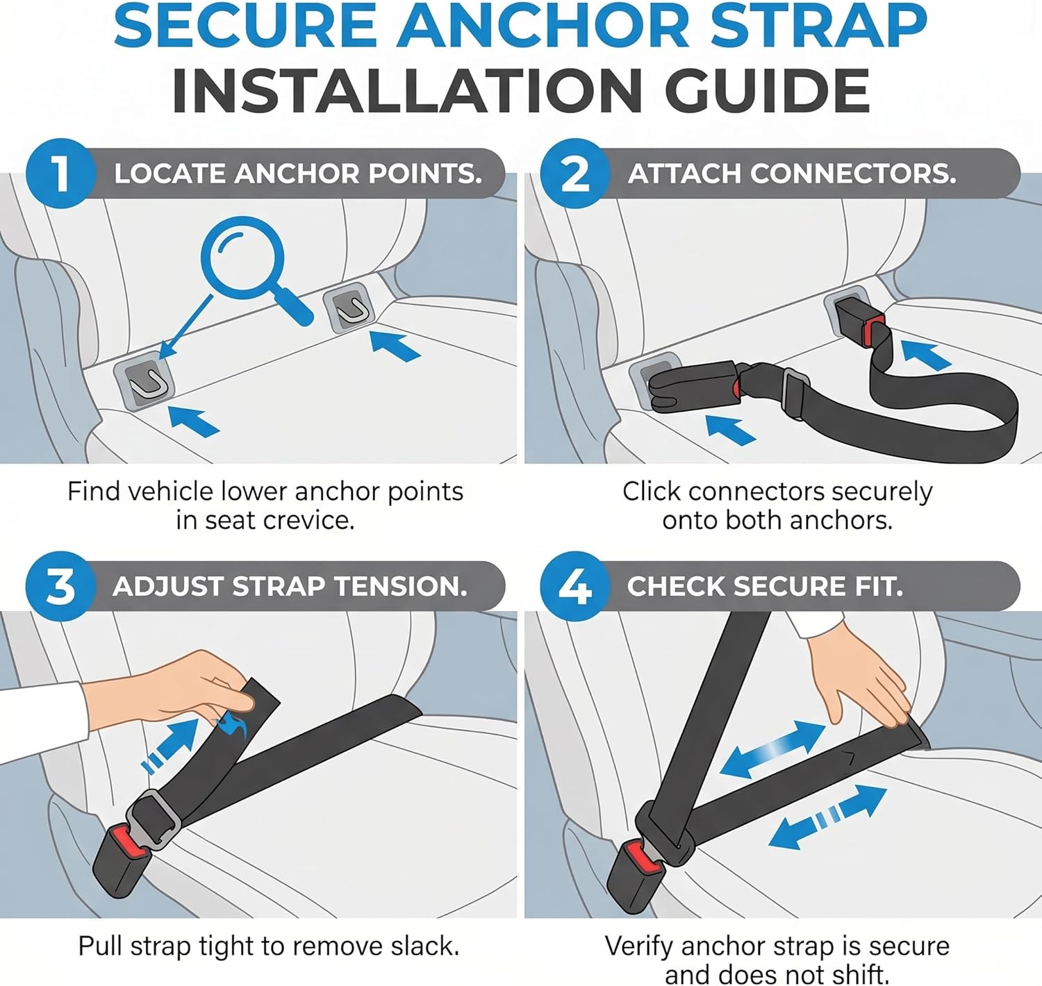 Adjustable ISOFIX Latch Fixing Strap Pads with Dual Hooks, Mounting Attachment Fixing Straps for Kids Seat Compatible Vehicle Anchor Points