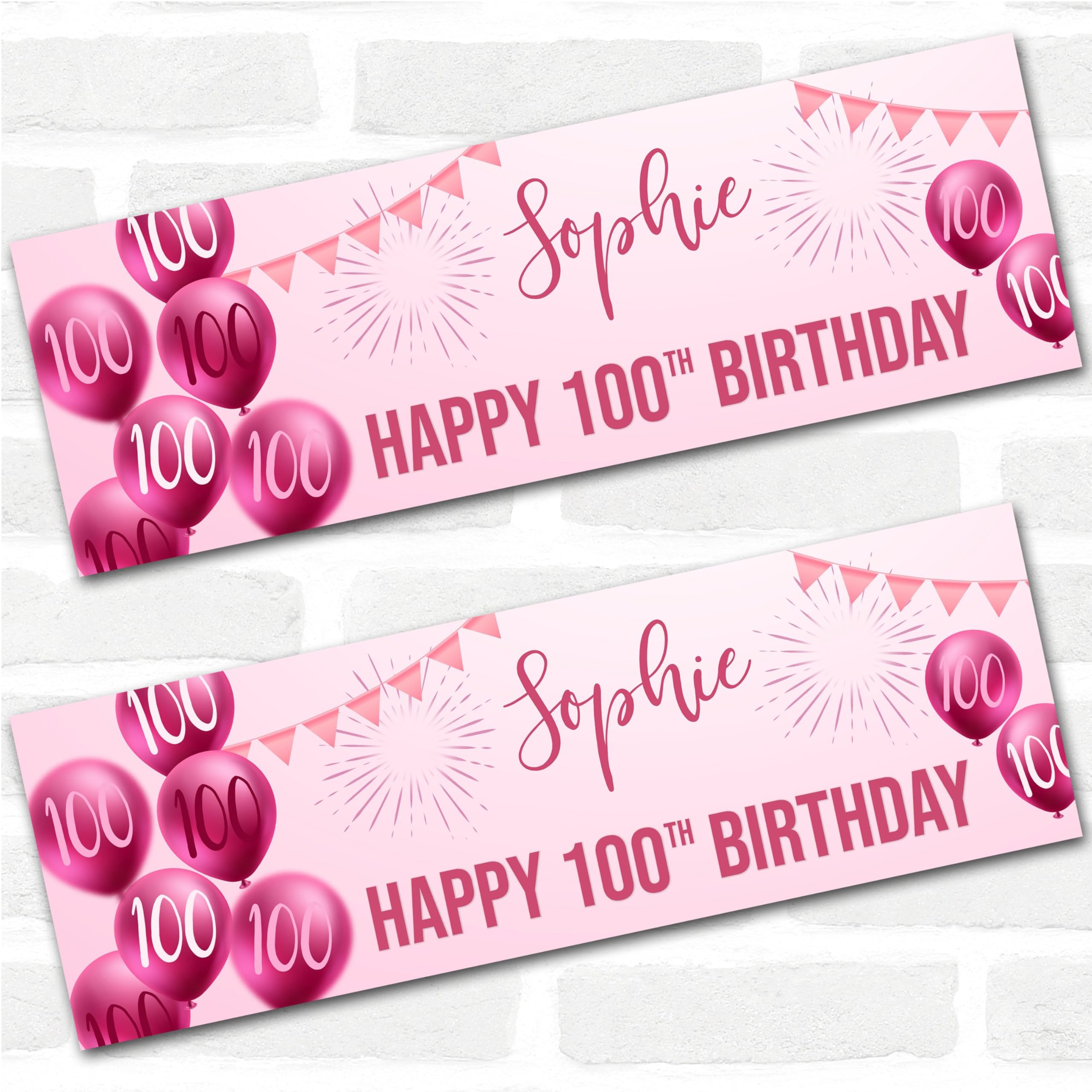 Personalised Party Banner For 100th Birthday Female Pink Balloon Star | Custom Large Party Decoration, Event Banner, Backdrop, Décor, Signage. 3 ft x 1 ft | 4.5 ft x 1.5 ft | 6 ft x 2 ft