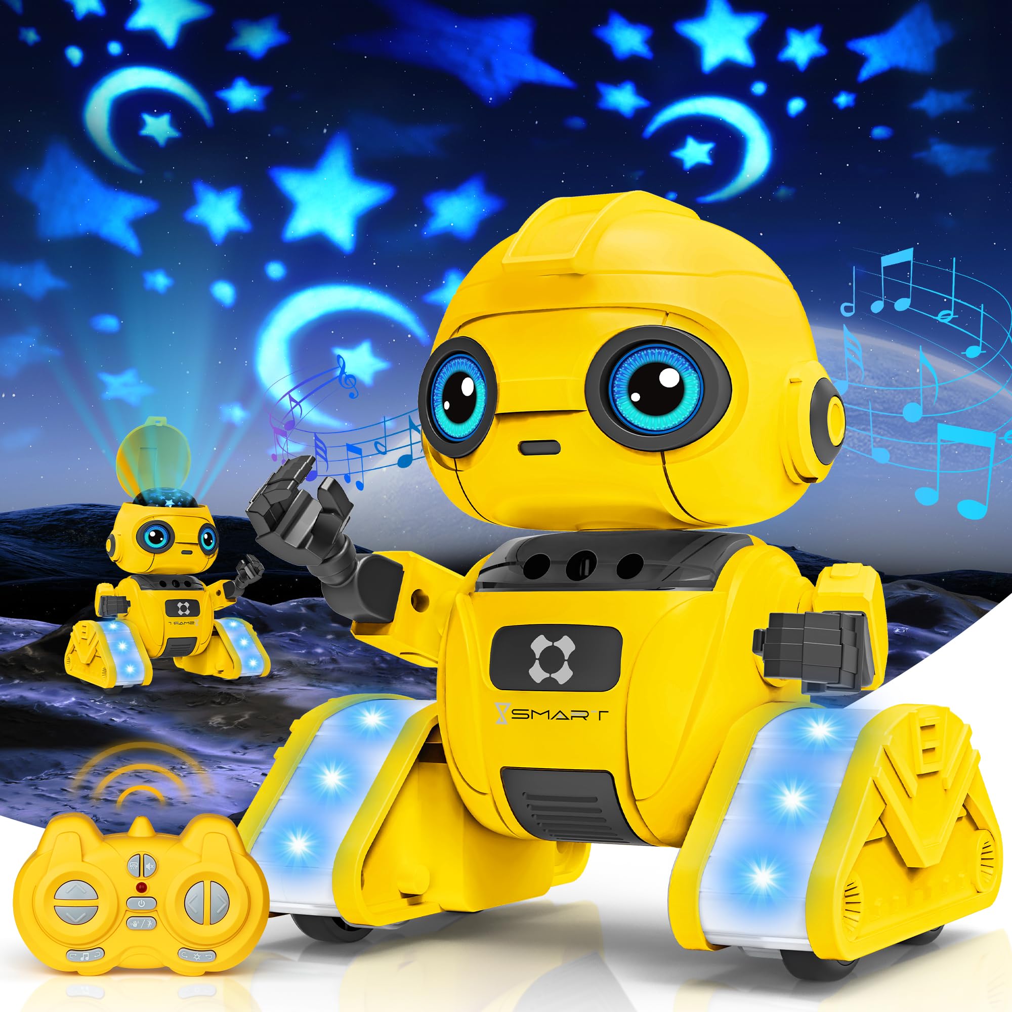 Robot Toys for Boys Girl, Rechargeable Remote Control Robot with Star Projector, Auto-Demonstration, Gesture Sensing, Dance Moves, Music, Kids Toy Robot Gifts for 3,4,5,6 7 8 Year Old(Yellow)