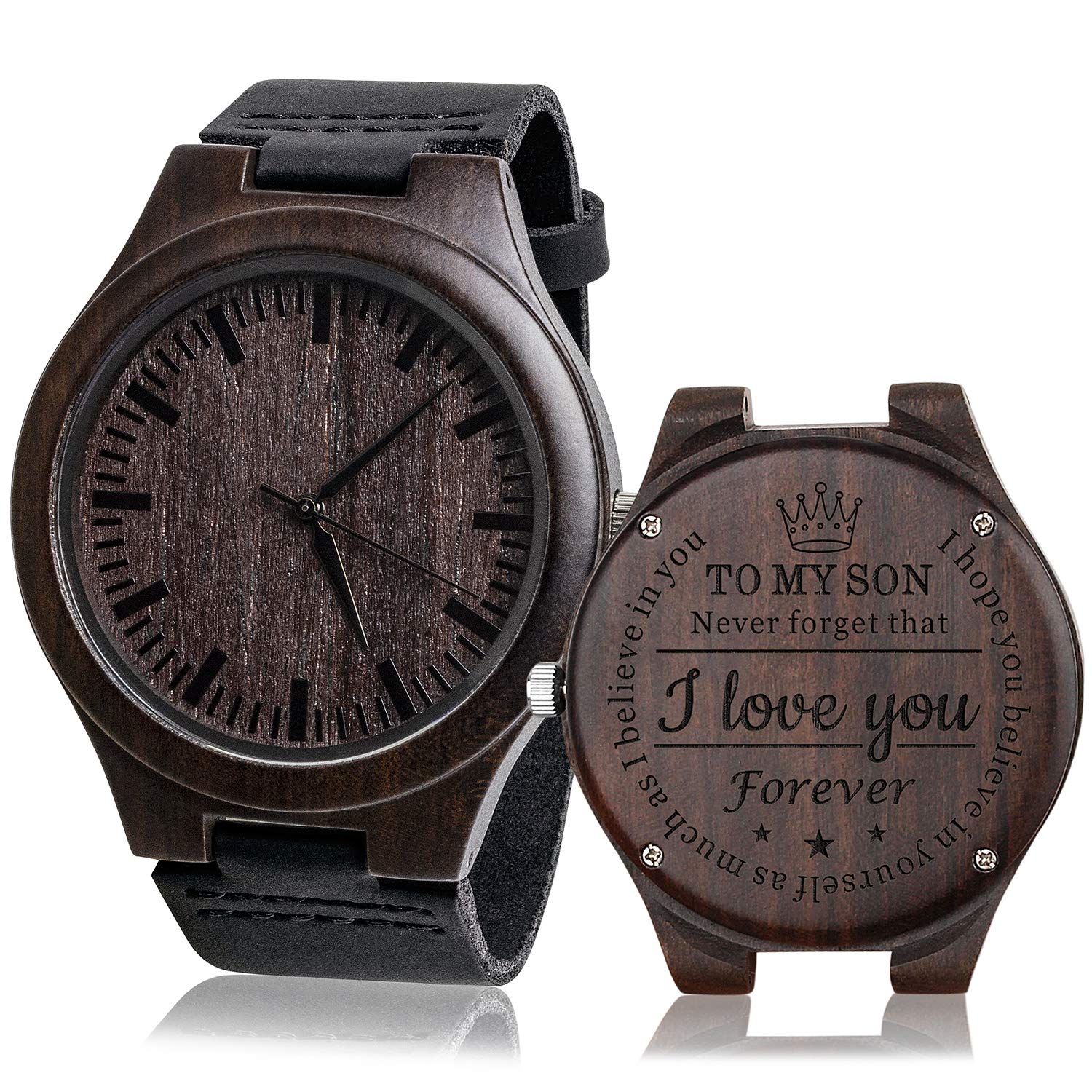 KOSTING Personalized Engraved Men Natural Wood Watches for Son with Leather Strap Band Customized Stylish Classic Unique Birthday Christmas Day Graduation Gifts from Mom