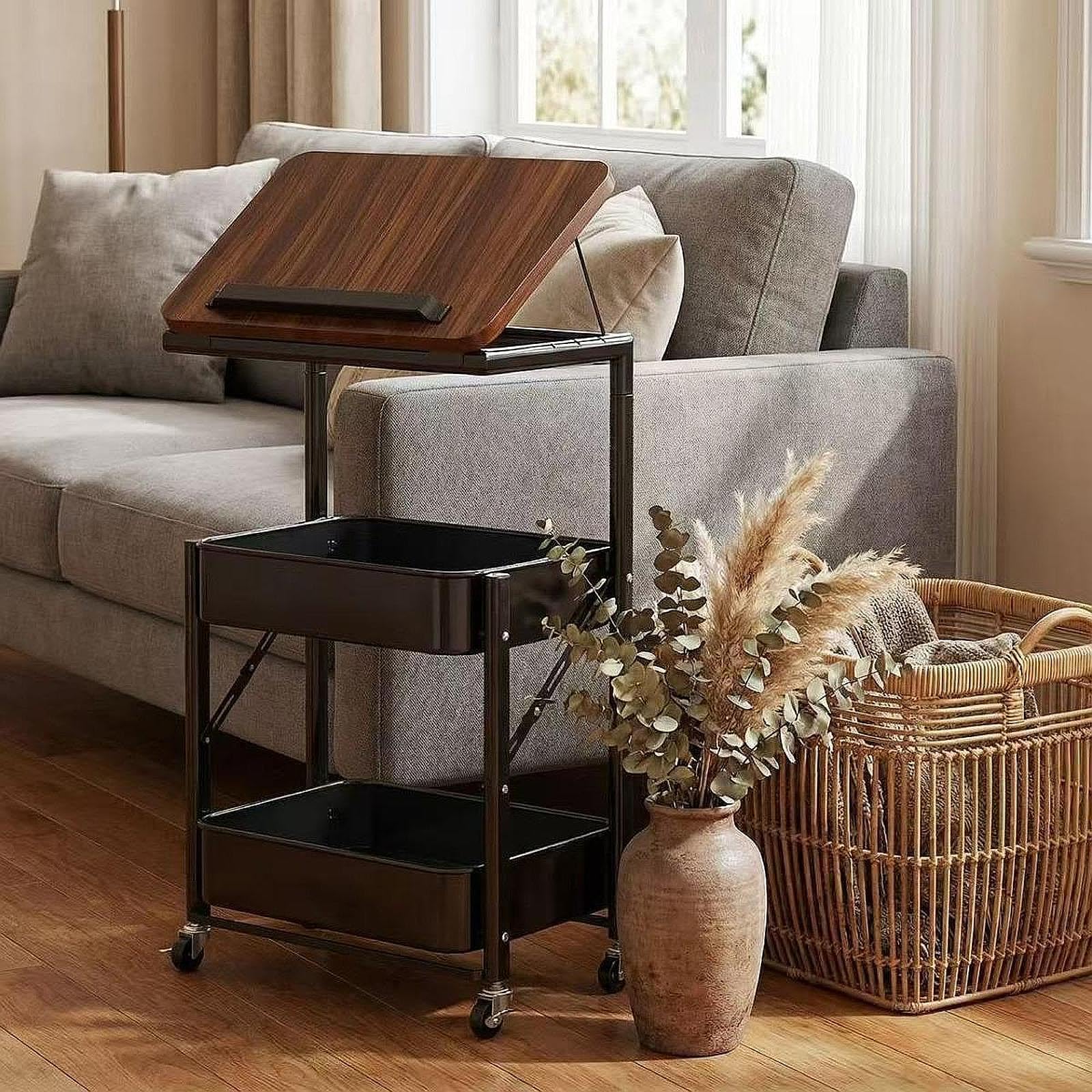 Carrito utilitario con Ruedas, Organizador versátil, Noche portátil con Estante para el hogar, Sala Estar, Negro