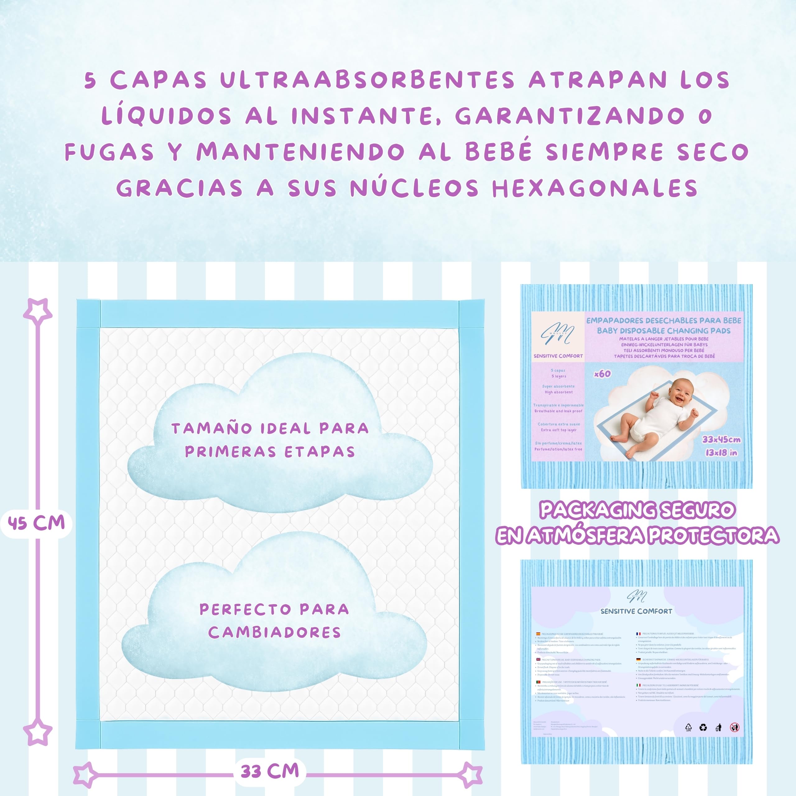 Empapadores Bebe - Empapador Cambiador Desechable Bebe - 60 Cambiadores Desechables 33X45 - Ideal Primera Etapas - Especial Pieles Sensibles - Ultra Absorbentes y Suaves - Sin Perfumes Ni Látex — view 2