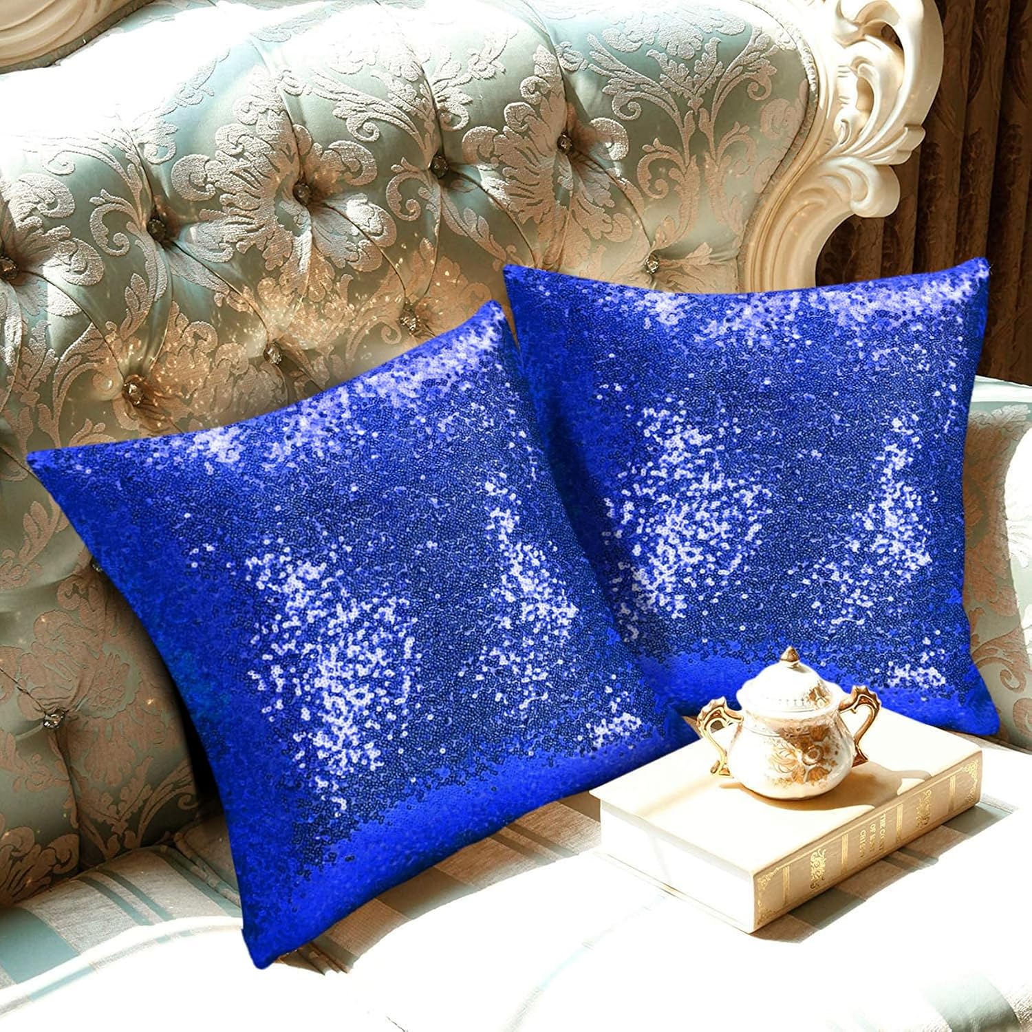 ShinyBeauty Blue Throw Pillow Covers 20x20 Set of 2 Sequin Pillows Case Christmas/Thanksgiving/Home/Party Decoration (20x20 x2pc, Blue)
