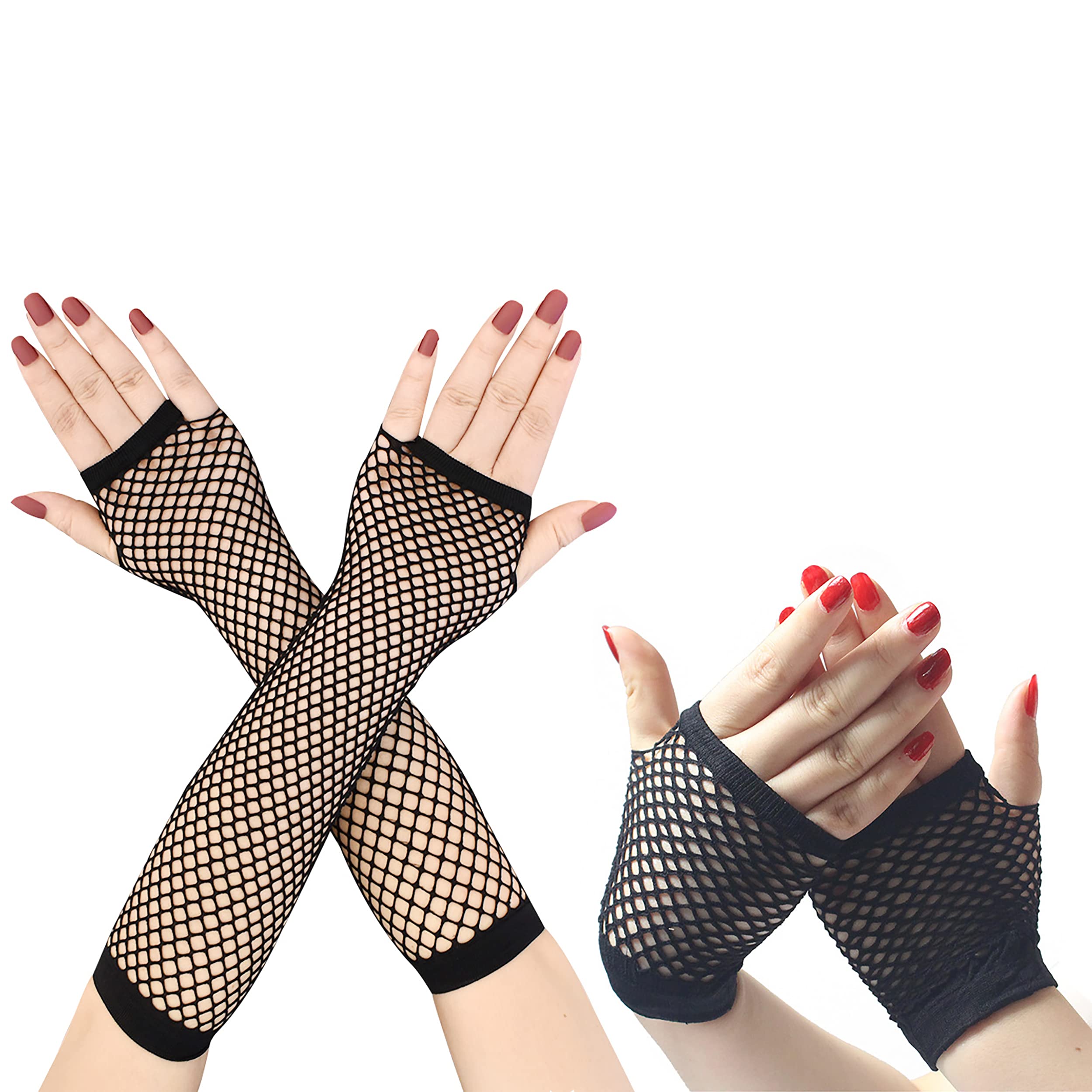 IRYNA 2 Pairs Fishnet Gloves - Long and Short Fingerless, Women's 80s Net Mesh, Stretchy Retro Hand Accessories for Dance, Disco, Fancy Dress Costume, Party Supplies
