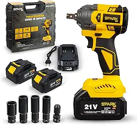 Chave Impacto Spark BR 21V Brushless Portátil Torque 350Nm 2 Velocidades LED Indicador Carga Bateria 3000mAh Maleta Carregador Rápido 4 Soquetes (2 Baterias)