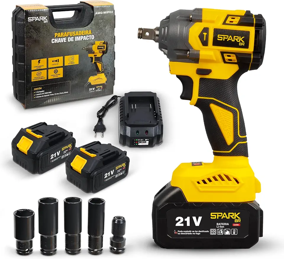 Chave Impacto Spark BR 21V Brushless Portátil Torque 350Nm 2 Velocidades LED Indicador Carga Bateria 3000mAh Maleta Carregador Rápido 4 Soquetes (2 Baterias)