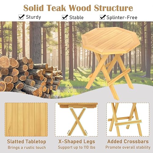 Miniatura 4 de RELAX4LIFE Mesa auxiliar plegable para exteriores, mesa auxiliar de madera de teca, mesa auxiliar redonda para interiores con mesa de listones,