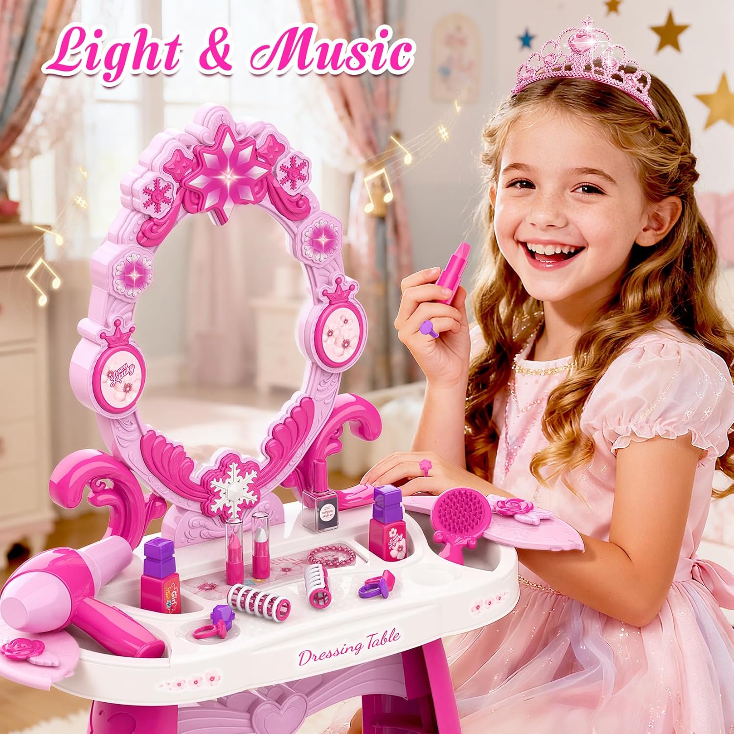 Toddler Vanity Kids Vanity Table and Chair Set, Girls Makeup Table with Mirror Lights & Music, Pretend Play Dress Up Toys with Hair Dryer, Princess Crown & Wand, Storage Bag, Gifts for Girls Age 3 4 5