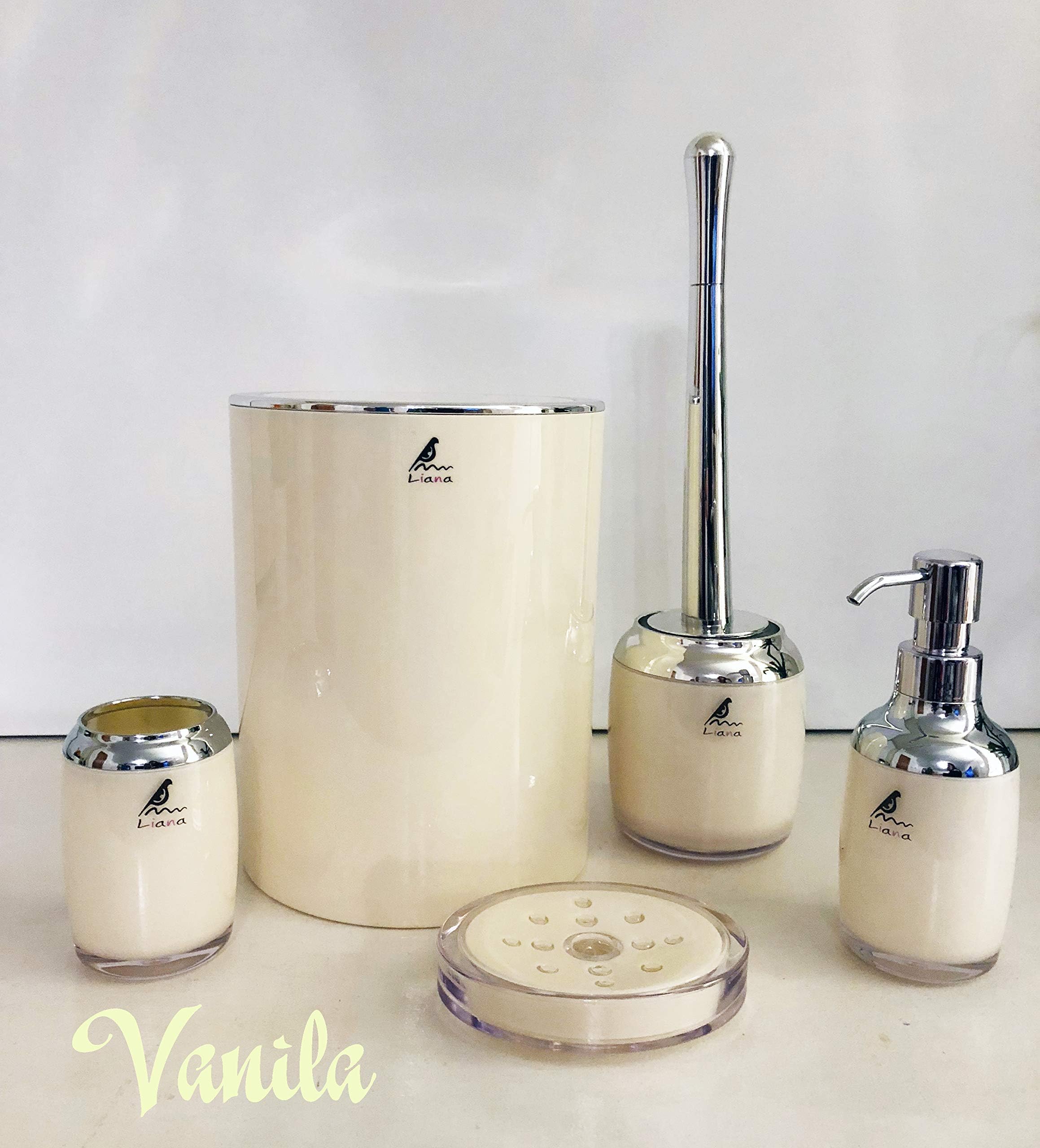 Liana 5-Piece ABS Bathroom accessories set,toothbrush Holder, Soap Dispenser, Soap Dish, Toilet Brush and Holder, Waste Bin (Vanila)