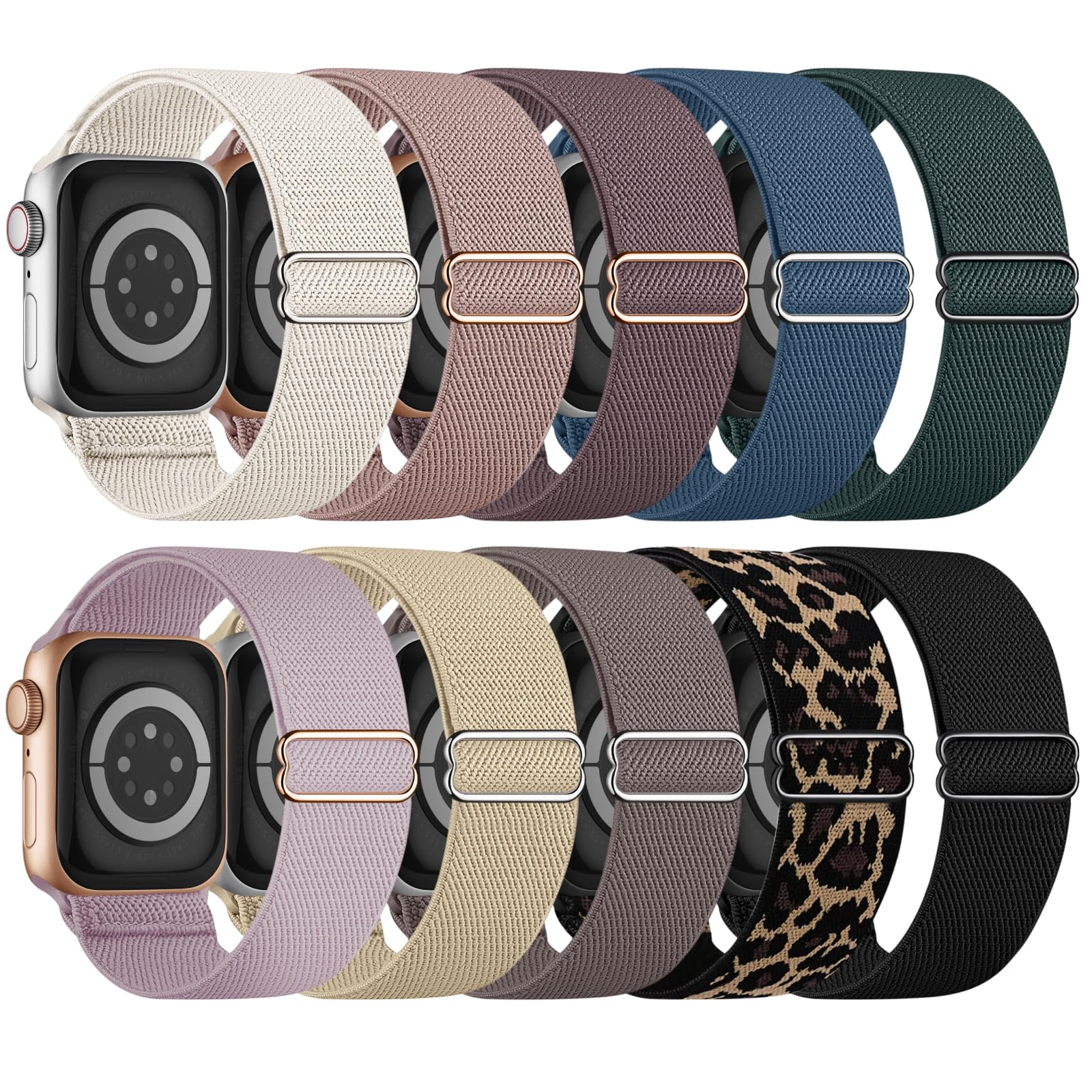 10 Pack Stretchy Bands Compatible with Apple Watch Band 40mm 38mm 41mm 42mm 44mm 45mm 46mm 49mm Women Men, Nylon Solo Loop Elastic Sport Straps for iWatch Series 11 10 9 8 7 6 5 4 SE 3 Ultra Black/Smoke Violet/Leopard/Beige/Pink/Clay/Starlight/Lavender/Blue/Deep Green 38mm/40mm/41mm/42mm(series 11 10)