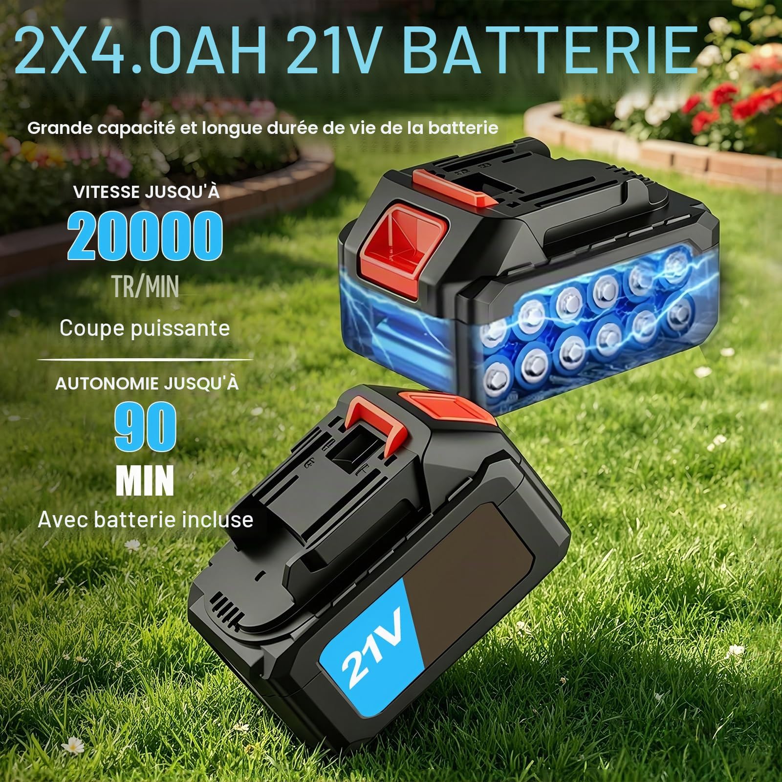 Debroussailleuse Electrique sans Fil 21V Coupe Bordure 3-en-1 avec 2 Batteries 4.0 Ah Débroussailleuses avec Brosse de Désherbage Poignée Réglable Convient aux Jardins et aux pelouses (Bleu)