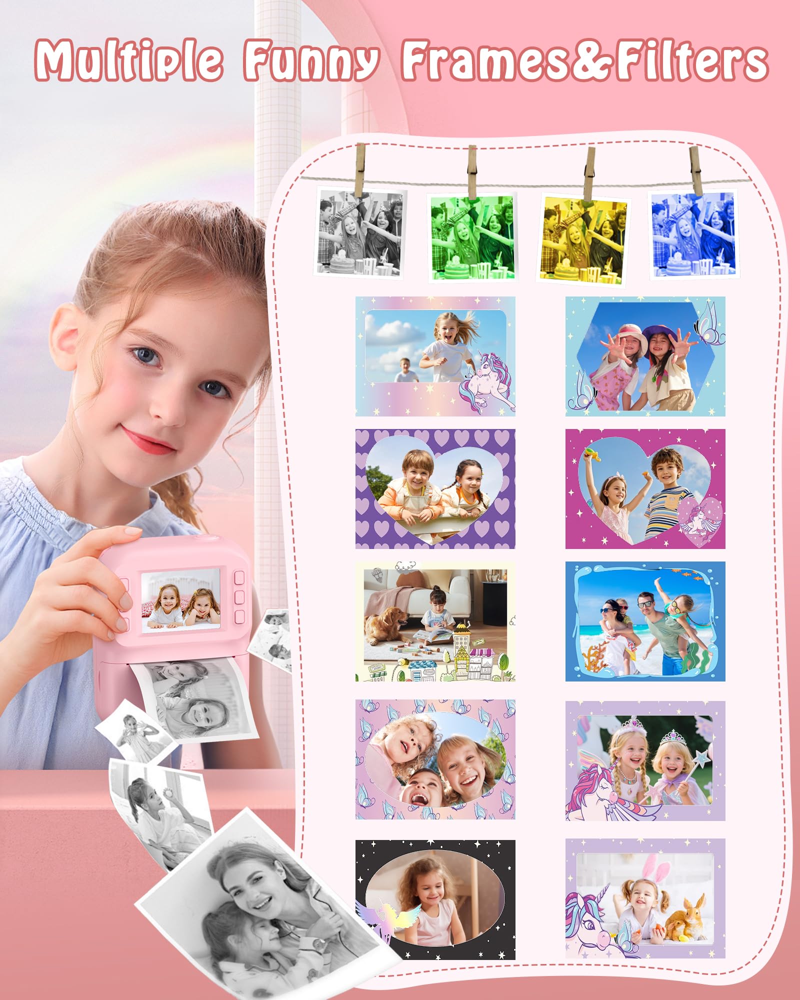 Macchina Fotografica Bambini, Schermo 2.4 HD Pollici e, Scheda da 32 GB e 3 Rotoli di Carta Fotografica, 1080P Macchina Fotografica Istantanea, Adatto Bambini dai 3 ai 12 Anni (Rosa)