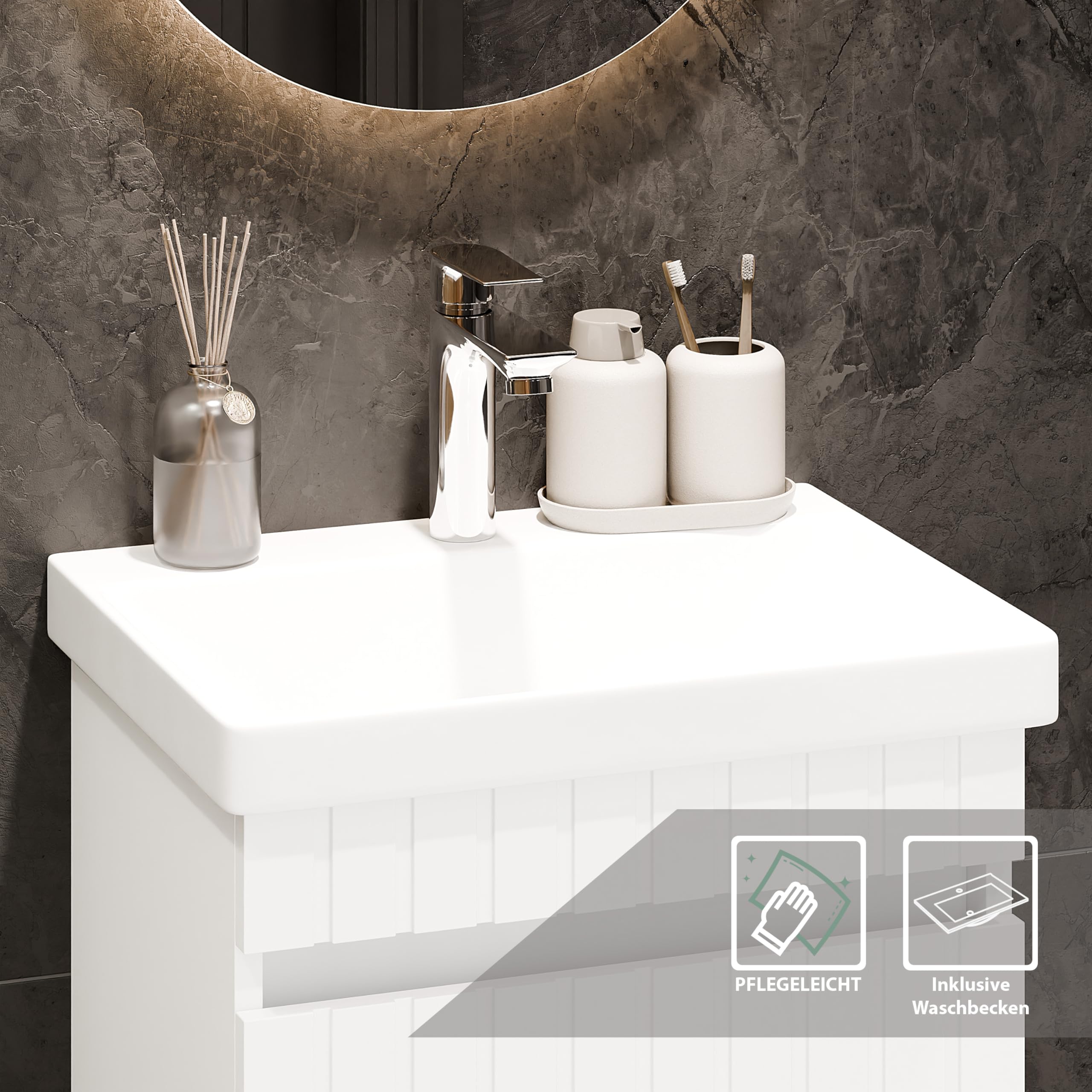 Planetmöbel Cosmia Badmöbel Set Waschbecken mit Unterschrank 50 x 60 x 35 cm Weiß, Keramik Waschtisch mit Tür