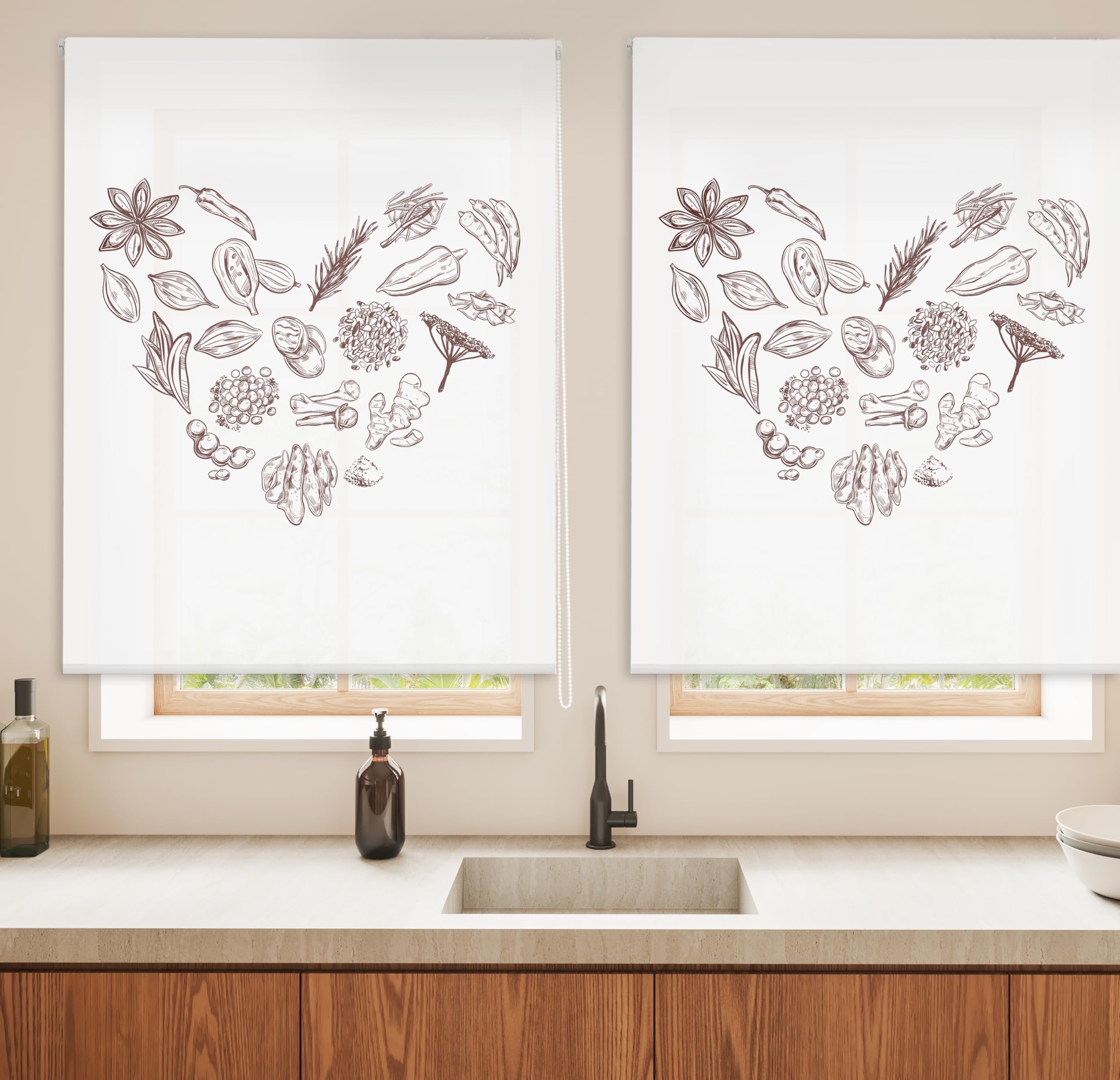 Blindecor Digital | Estor Enrollable Translúcido Estampado |Familia Cocina| Modelo C-HEARTSPICE | 110 x 180 cm (Ancho por Alto) Tamaño de la Tela 106 x 175 cm | Estores para Ventanas