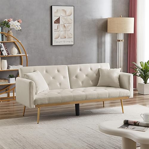 Miniatura 3 de Moderno sofá cama futón de terciopelo con 2 almohadas, sofá biplaza convertible 2 en 1 con patas de metal dorado, sofá reclinable plegable de 74