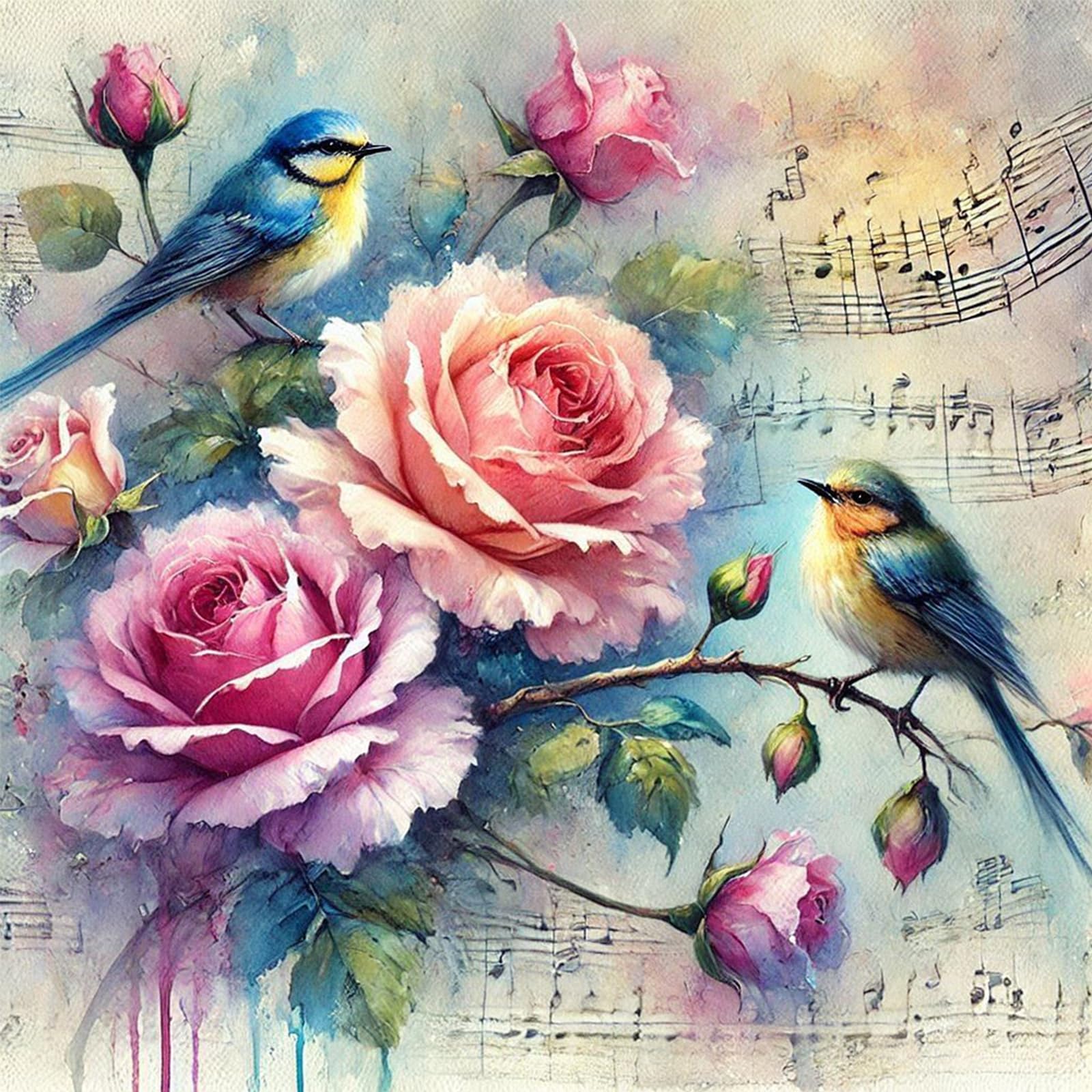 Poetrydraw Roses And Birds Full Diy 5D Round Drill Diamond Paintings Arts Craft For Adults/Beginners Gift Idea Home Wall Decor Diamond Crystal Rhinestones Painting Kits 15.75X15.75in (Roses And Birds)