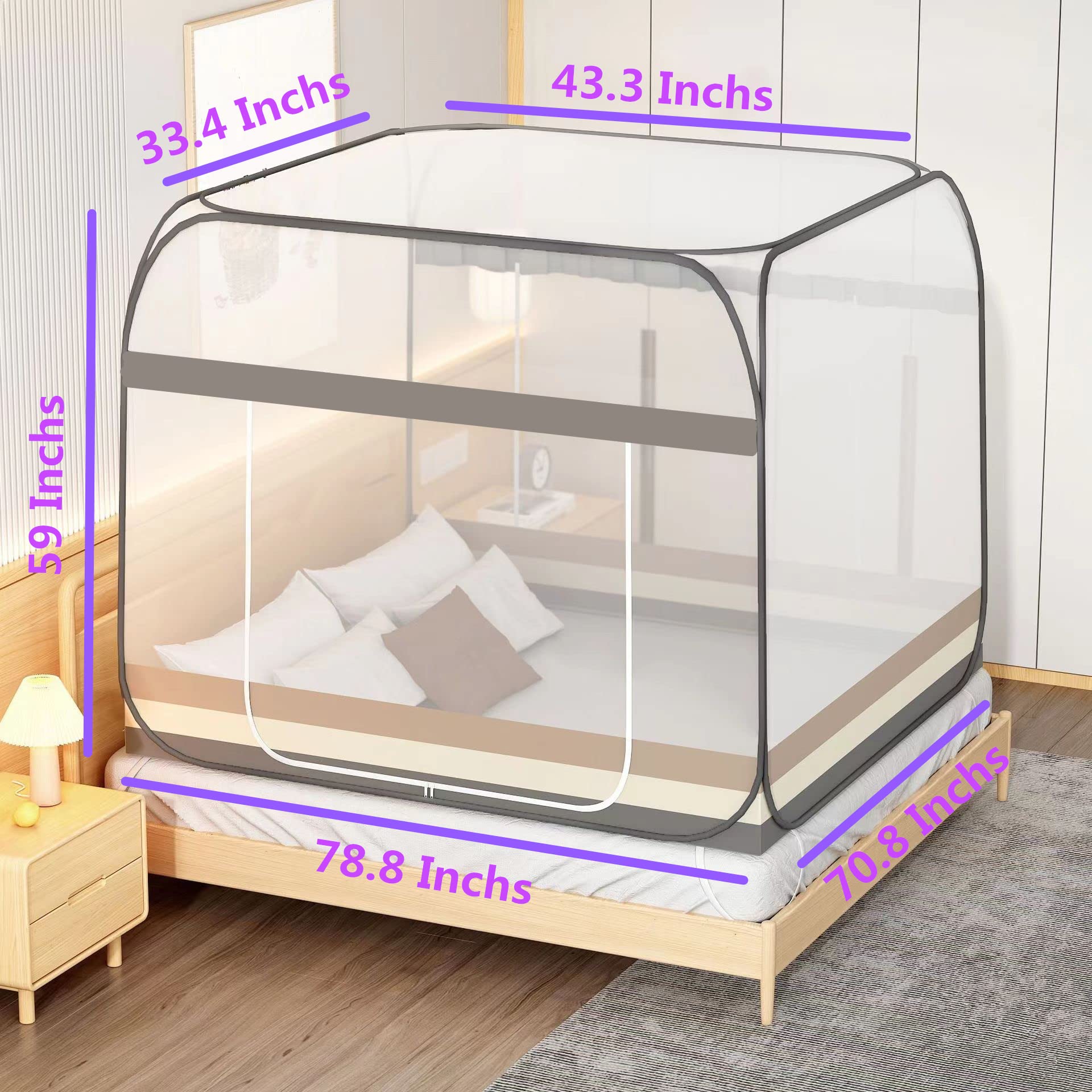 Mosquitera para patio, cama, tienda de campaña, mosquitera portátil tamaño King (79 x 72 pulgadas, gris) 5