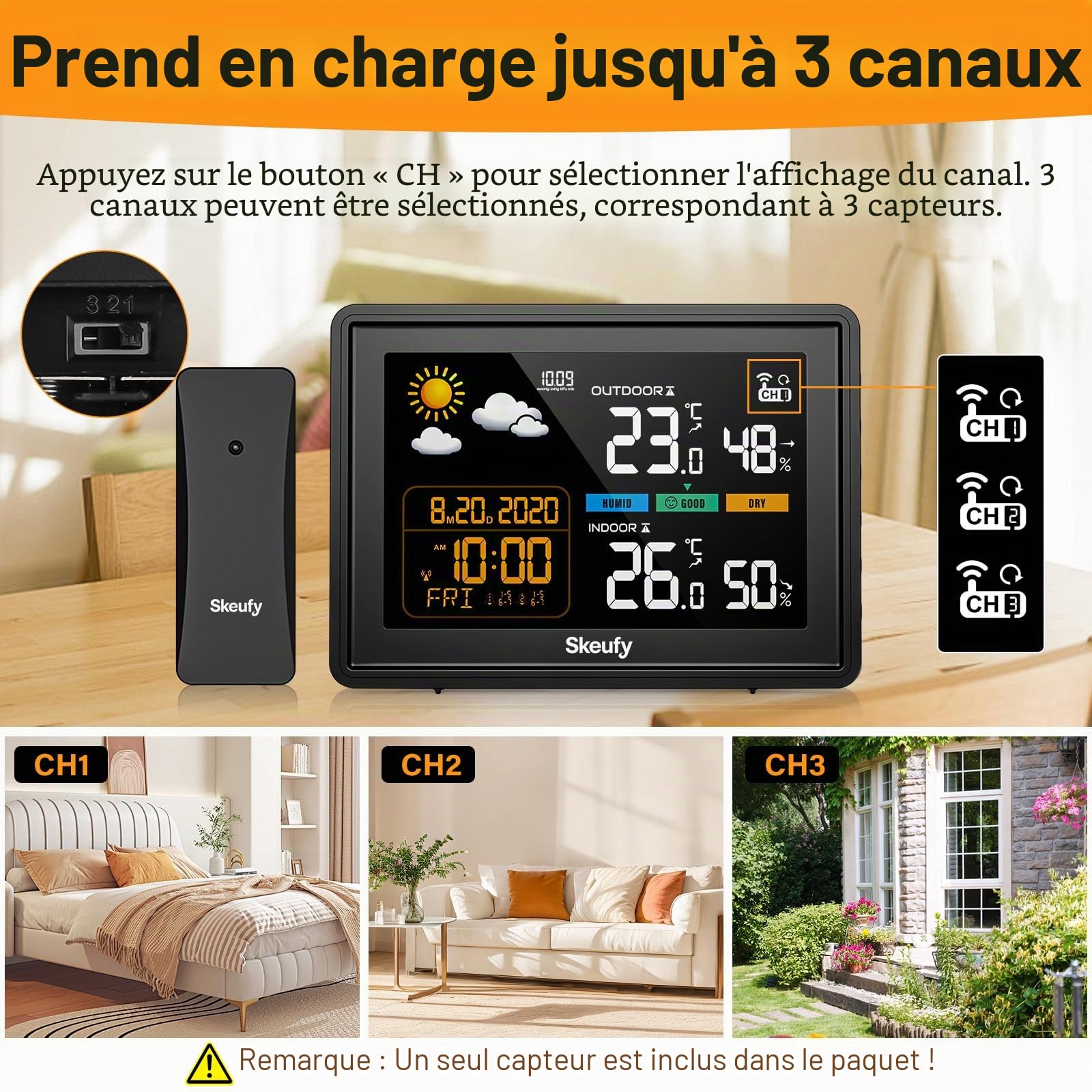 Skeufy Station météo radio avec capteur extérieur, température intérieure/extérieure, humidité, baromètre, écran couleur, prévisions