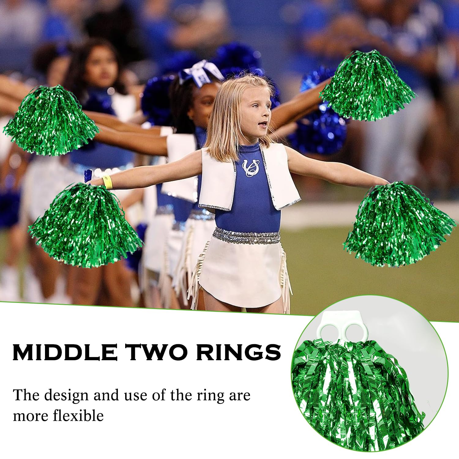 Hooshing 6 pompon da cheerleader, argento metallizzato e blu, con manico a bacchetta, per squadra, sport, danza, tifo, bambini e adulti, blu e argento, 35,6 cm