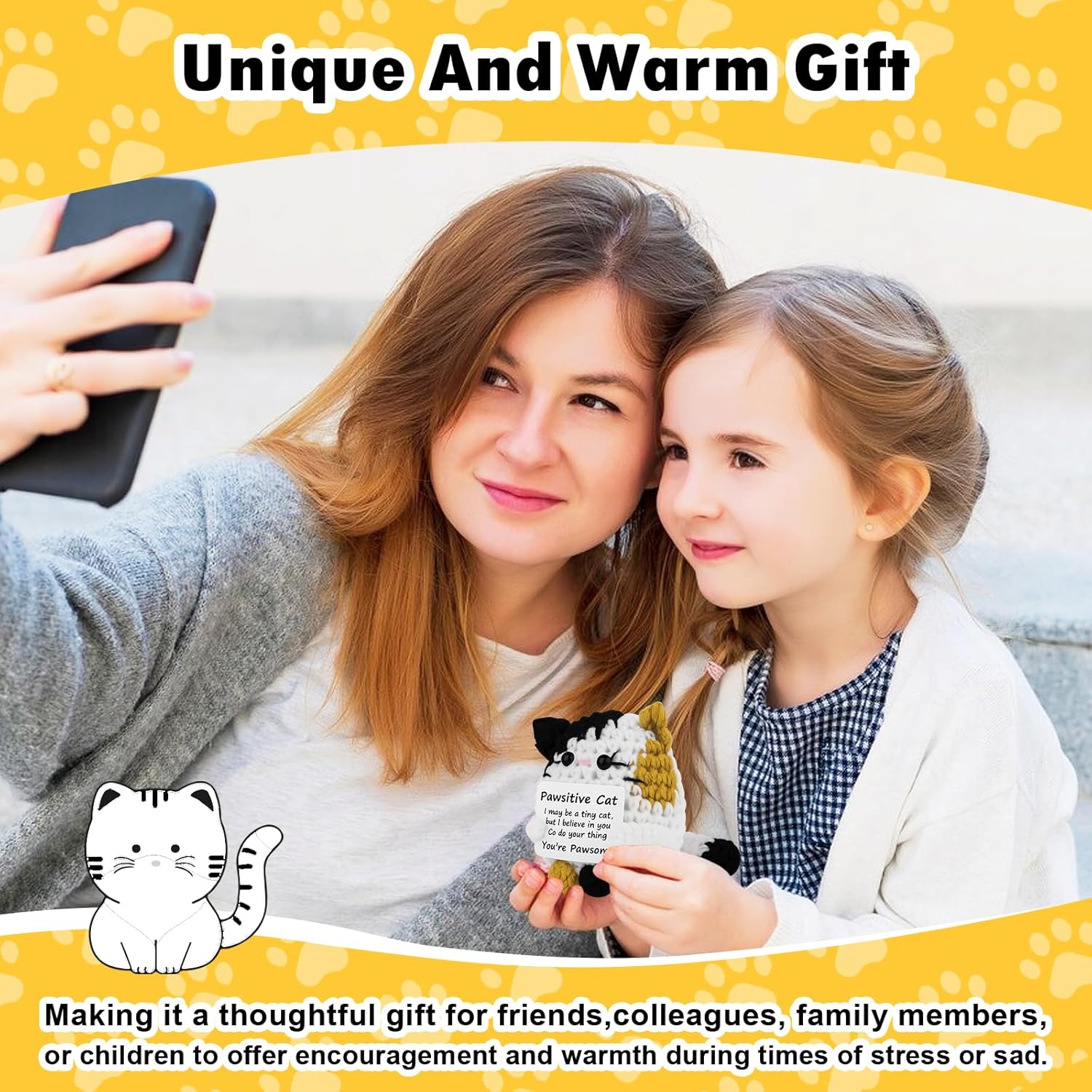 Positive Crochet Cat Animal Emotional Cheer Up Support Gifts, Funny Crochet Mini Handmade Cat for Women Men Friends Mom Birthday Christmas Mothers Day Graduation Gifts (Calico) - Image 4