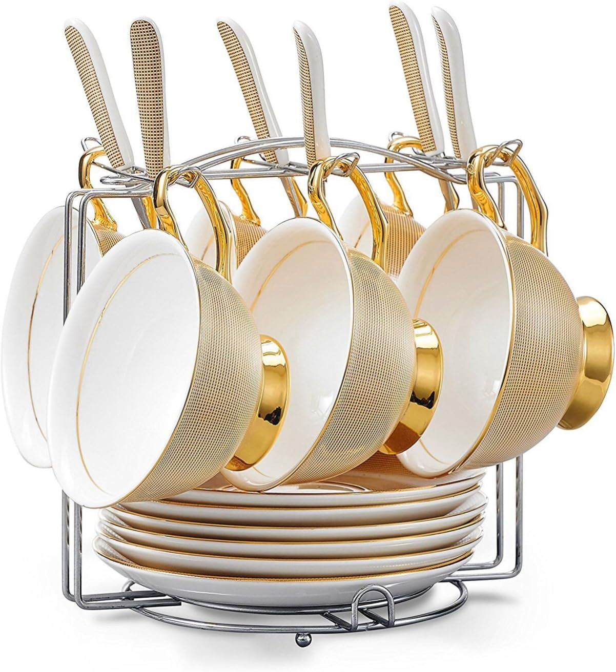 TouchLife Set of 6 Bone China Teacups/Coffee Cups & Saucers Sets with Spoons-8.8Oz, for Home, Restaurants, Display & Holiday Gift for Family or Friends,Royal classic,Golden,With Bracket