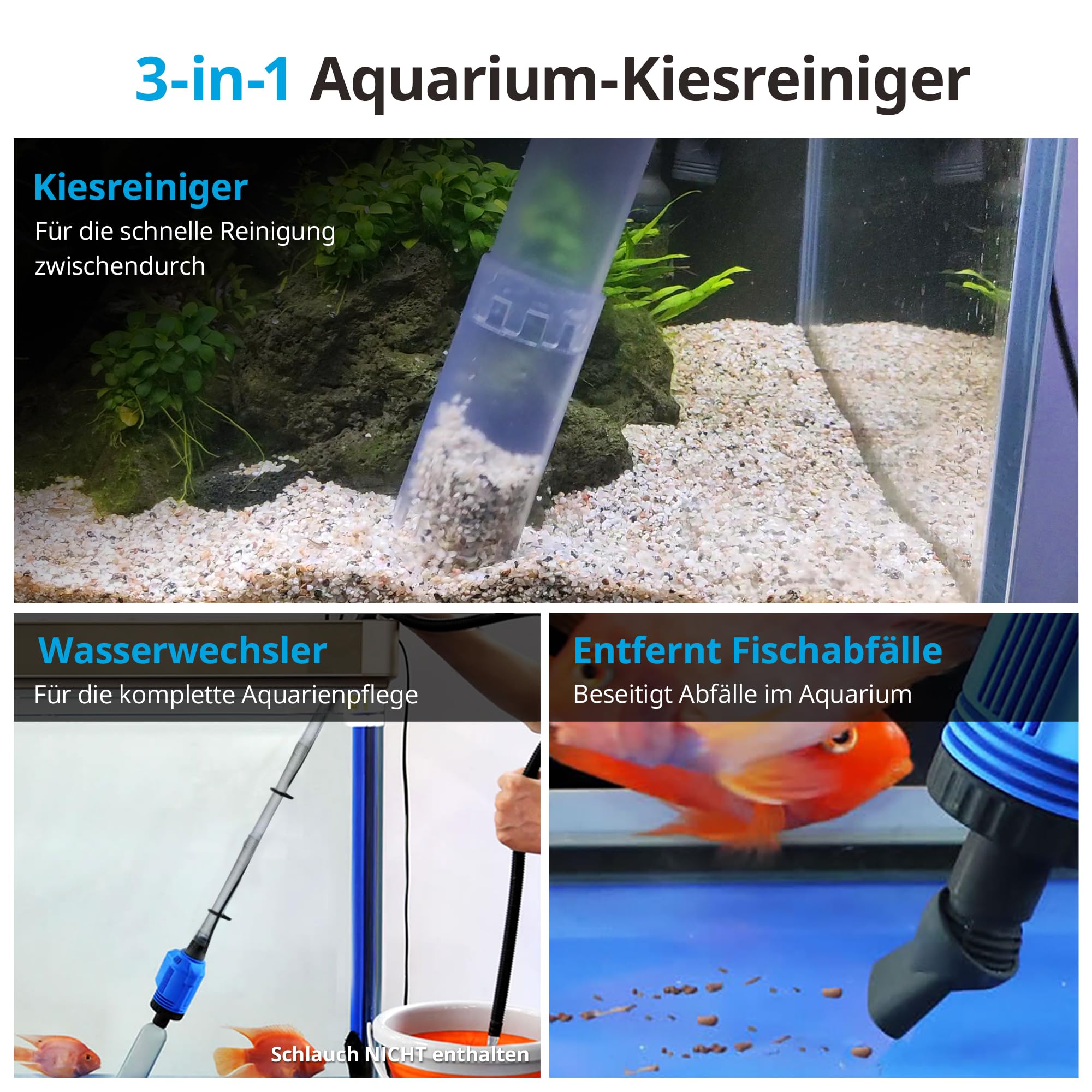 NICREW 3-in-1 Mulmsauger Elektrisch, Aquarium Reiniger für Kies und Sand mit Wasserwechsel, Zubehör für Mittelgroße und Große Aquarien, 16 W, 800 L/H