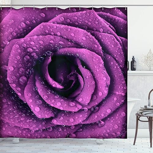 Miniatura 146 de Ambesonne Cortina de ducha hawaiana, diseño de hibisco hawaiano tropical, silueta de niña, tabla de surf, impresión de arte retro, juego de Fucsia