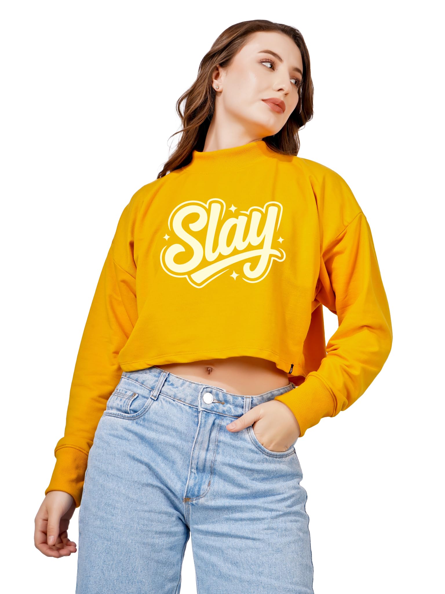 blueficus Women Cotton Blend Crop Sweatshirt with Slay Print | High Neck Graphic Pullover | Trendy Winter Casual Wear for Women & Girls-picture-12