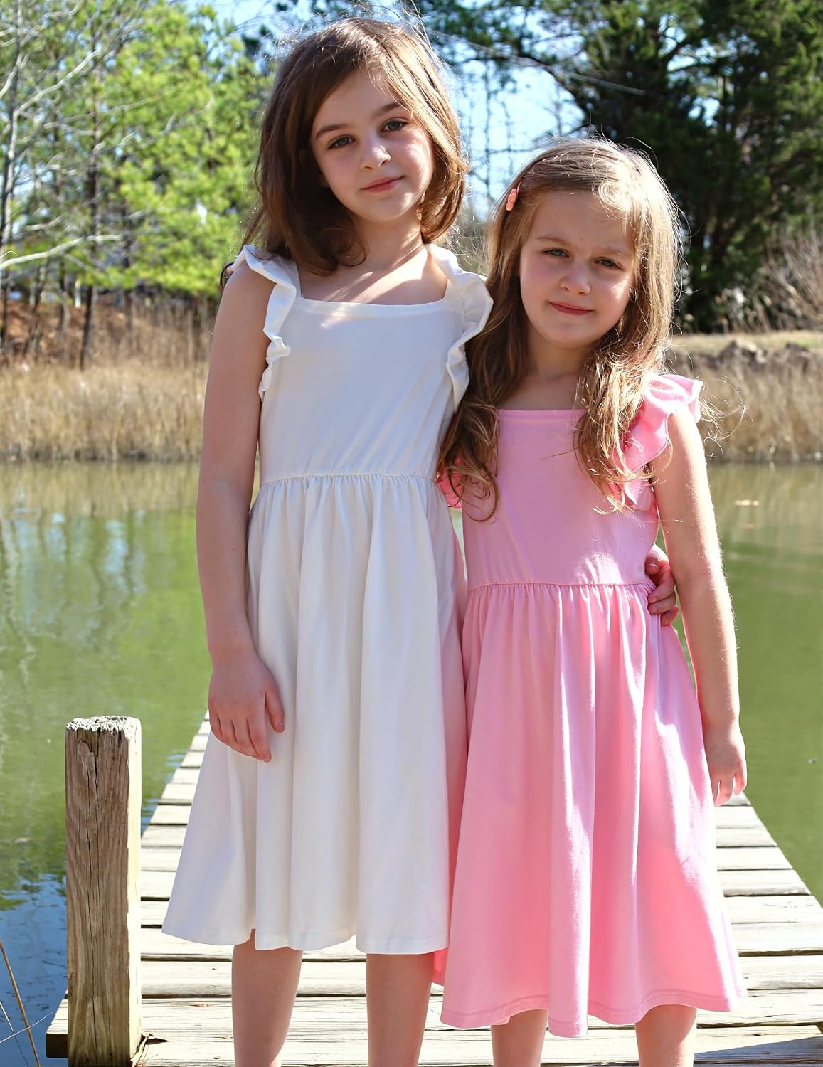 Arshiner Girls Summer Dresses Square Neck Ruffle Sleeve Tie Back A-Line Swing Casual Midi Dress with Pockets