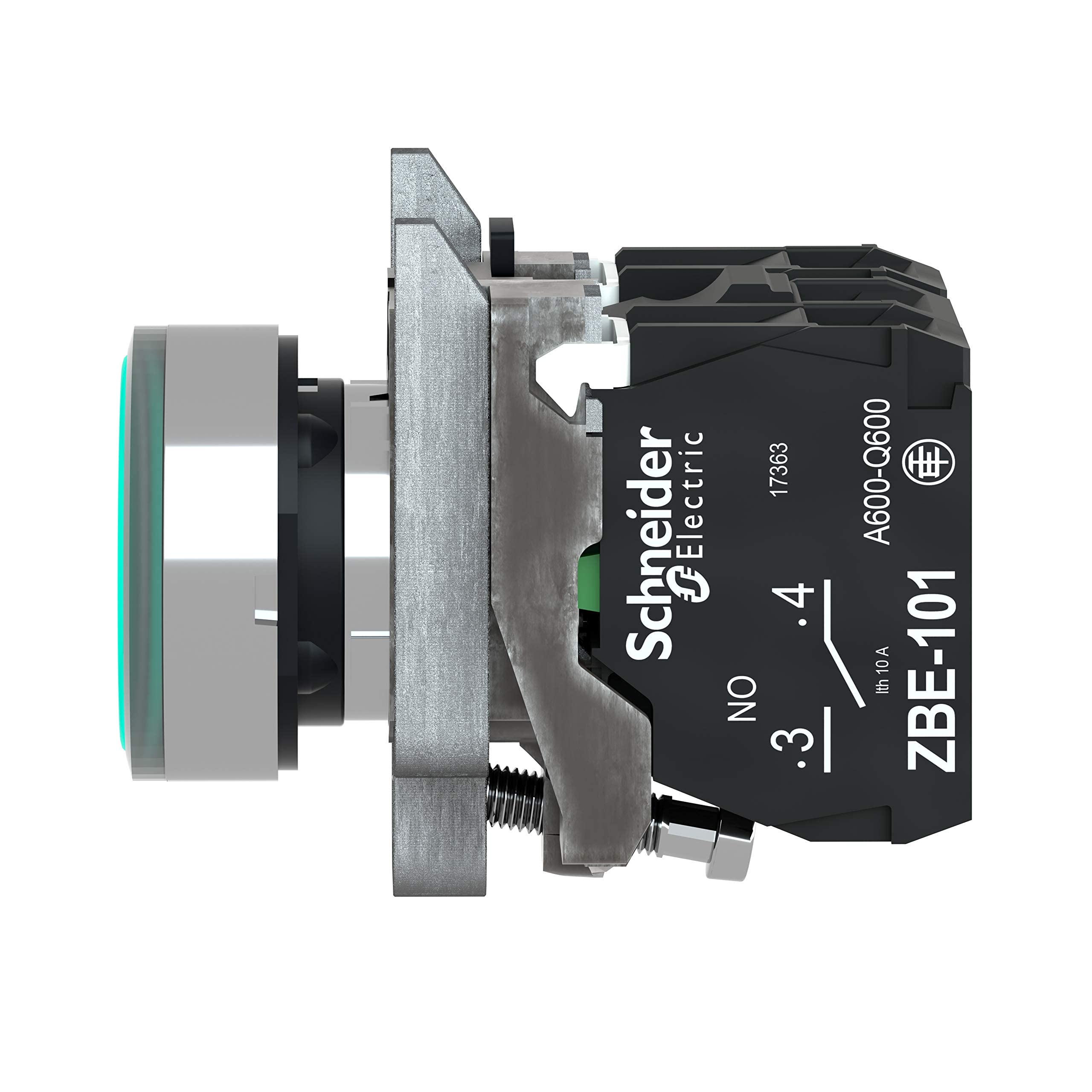 Schneider Electric XB4BW33M5 Pulsador Iluminado Diámetro 22, Retorno Resorte Nivelado, 240 V, 1 NA + 1 NC, Verde