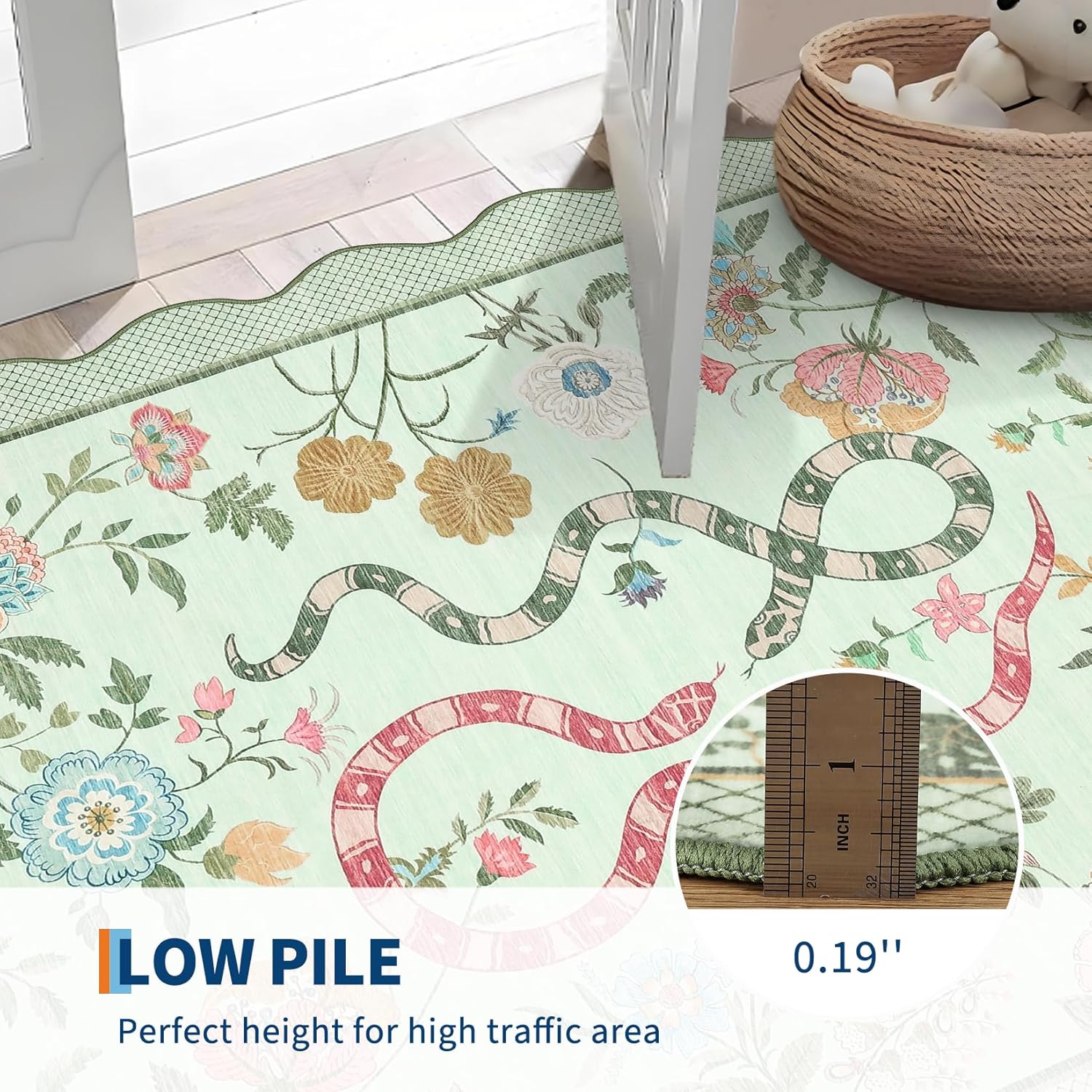 2x6 Runner Rug Floral Scalloped Kitchen Rugs Non Slip Washable Hallway Long Bedroom Carpet Low Pile Soft Flower Snake Print Carpet Runners for Bathroom Entryway Laundry Green