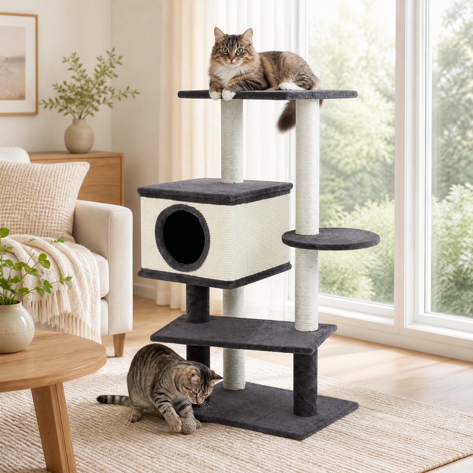 COSTWAY Albero Tiragraffi per Gatti Adulti e Piccoli Alto 99 cm | con Cuccia, Posatoi, Trespolo e Pali Graffiatoi, Struttura in Legno e Fodera in Pelluche Morbido