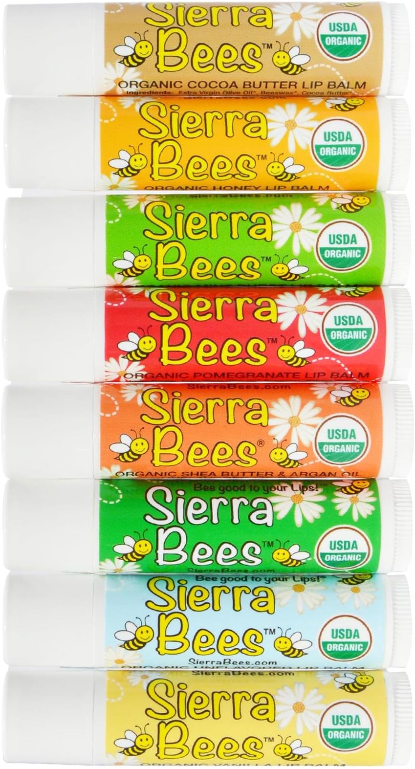 Organic Lip Balm - Variety by Sierra Bees - Cocoa Butter, Honey, Mint Burst, Pomegranate, Shea Butter & Argan Oil, Tamanu & Tea Tree, Unflavoured and Vanilla by Sierra BeesUSDA Organic