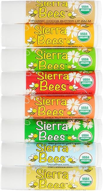 Organic Lip Balm - Variety 8 Pack by Sierra Bees - Cocoa Butter, Honey, Mint Burst, Pomegranate, Shea Butter & Argan Oil, Tamanu & Tea Tree, Unflavoured and Vanilla