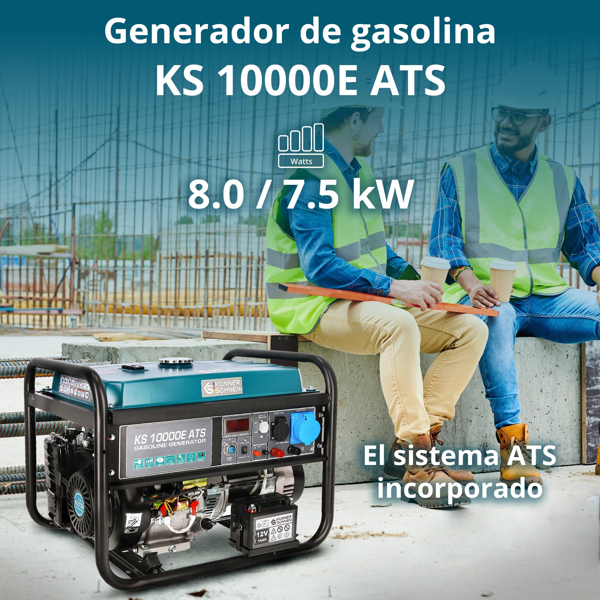 Generador de gasolina KS 10000E ATS con sistema ATS incorporado de una potencia máxima 8000 W, arranque manual/eléctrico/automático, 1x16A, 1x32A (230V), motor original EURO 5