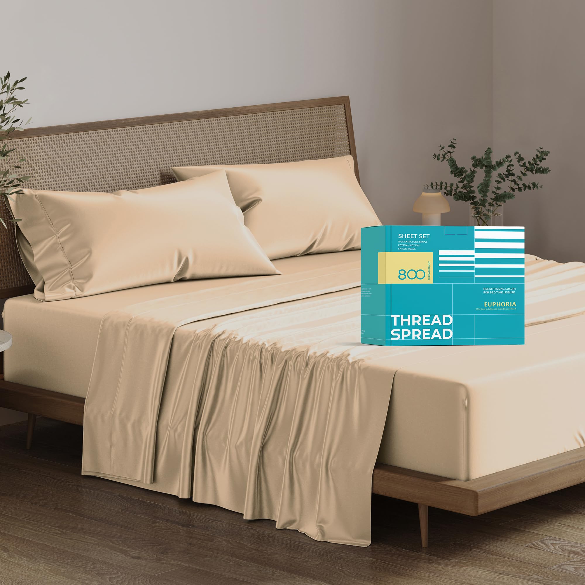 THREAD SPREAD100% Egyptian Cotton Queen Size Sheets - 800 High Thread Count, 6 PC Luxury Hotel Sheets, 16" Deep Pocket Sateen Weave Soft Cooling Bedding Sets - Taupe