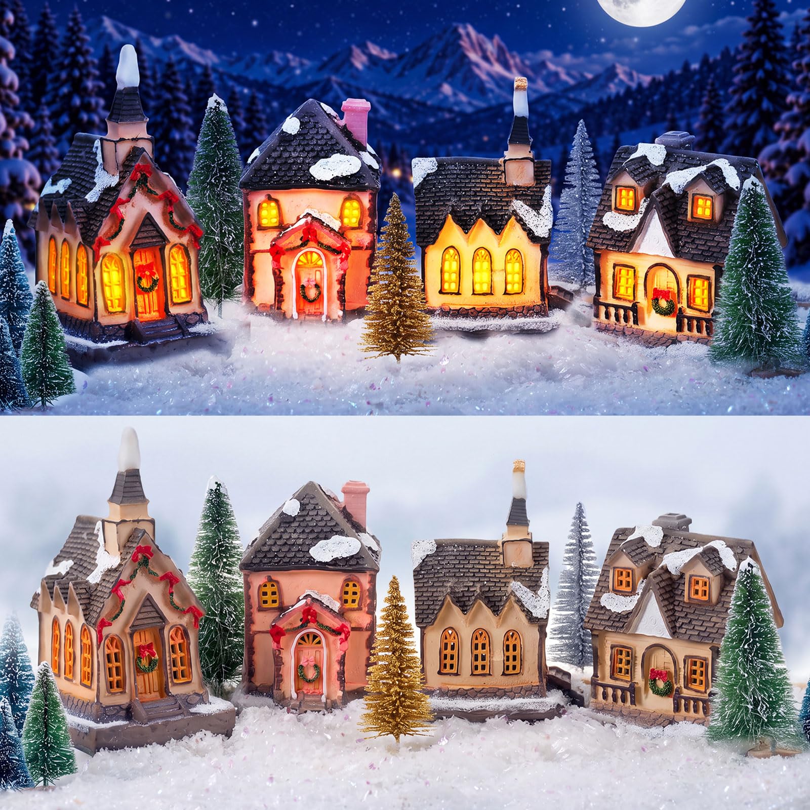 Tuanse Ensemble de village de Noël 15 pièces, 4 maisons LED 10 arbres