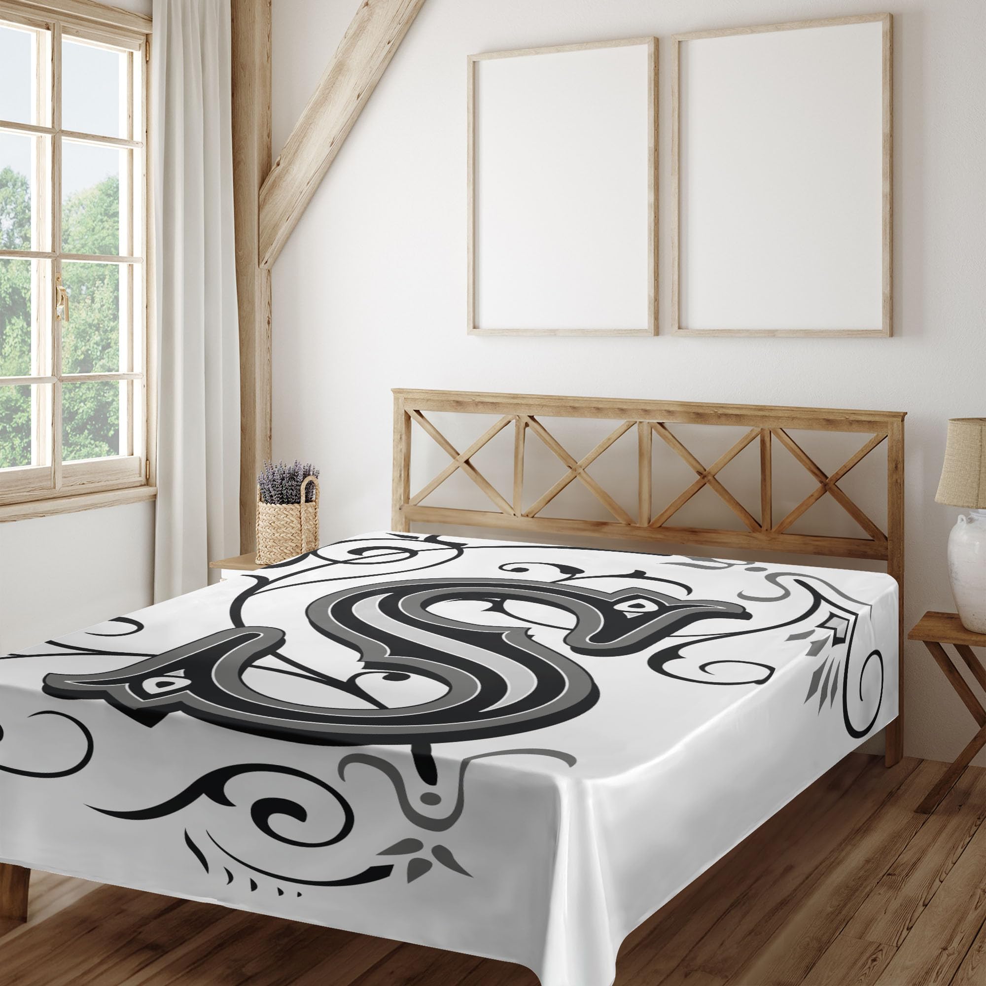 Ambesonne Letter S Flat Sheet, Monochrome Letter from Alphabet S Abstract Design Swirls and Other Shapes, Soft Comfortable Top Sheet Decorative Bedding 1 Piece, California King, Black Grey White