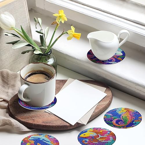 Miniatura 4 de Juego de 8 posavasos de pintura artística de diamantes con soporte para bricolaje criaturas del fondo marino, posavasos de arte de diamante,