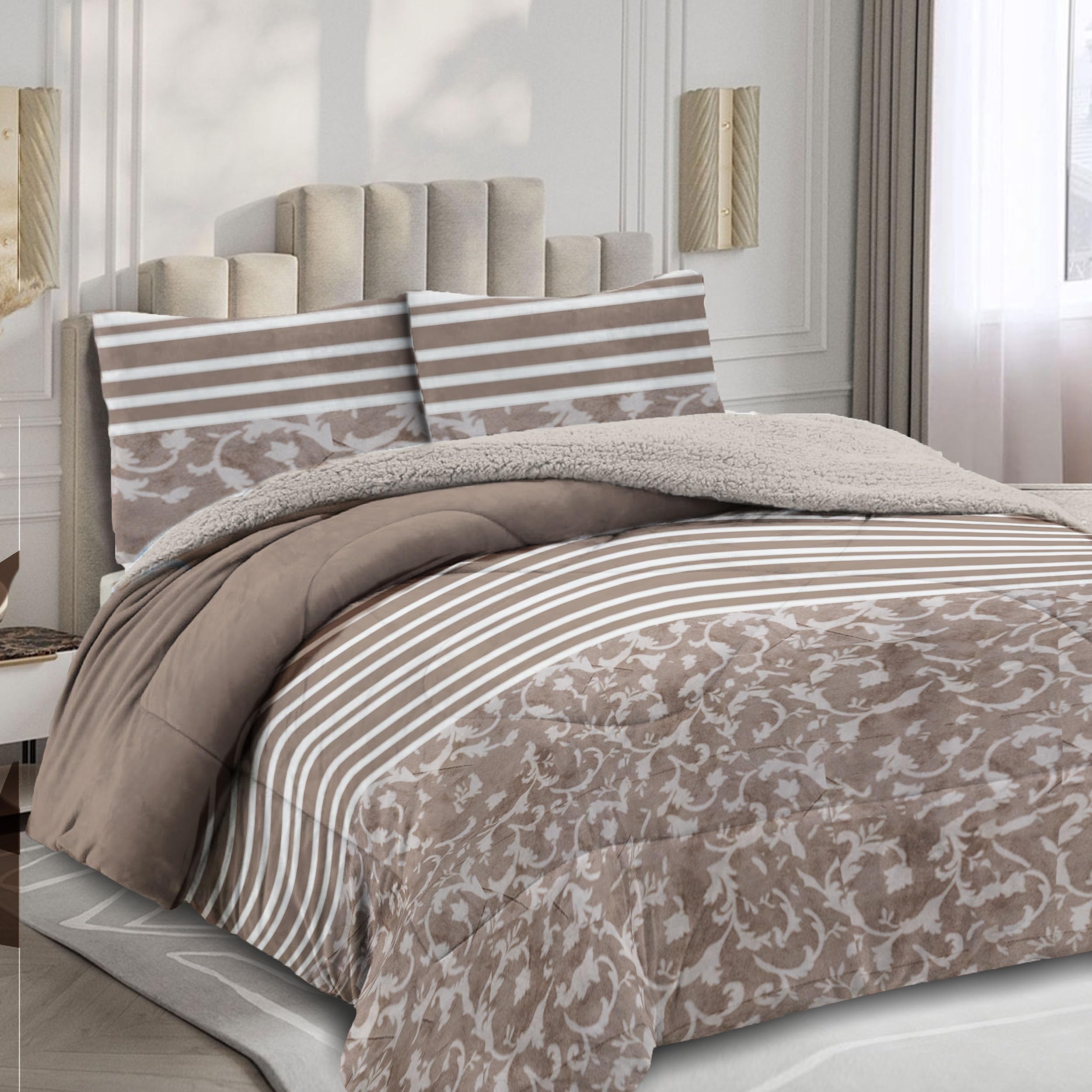 MANEMI Edredón Borrego con Estampado 240 x 260 cm con 2 Fundas de Cojin - Edredón Nódico Invierno Cálido y Suave con Relleno de Micro Fibra Poliéster, Edredón Reversible Franle y Sherpa