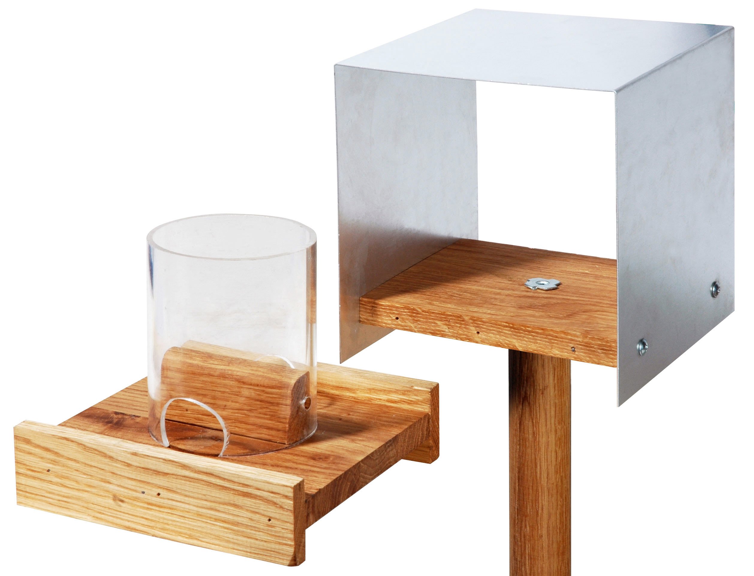 Luxus-Vogelhaus 46861e - Casa per uccelli in rovere con tetto in alluminio, vassoio per mangimi e dispenser con supporto in rovere