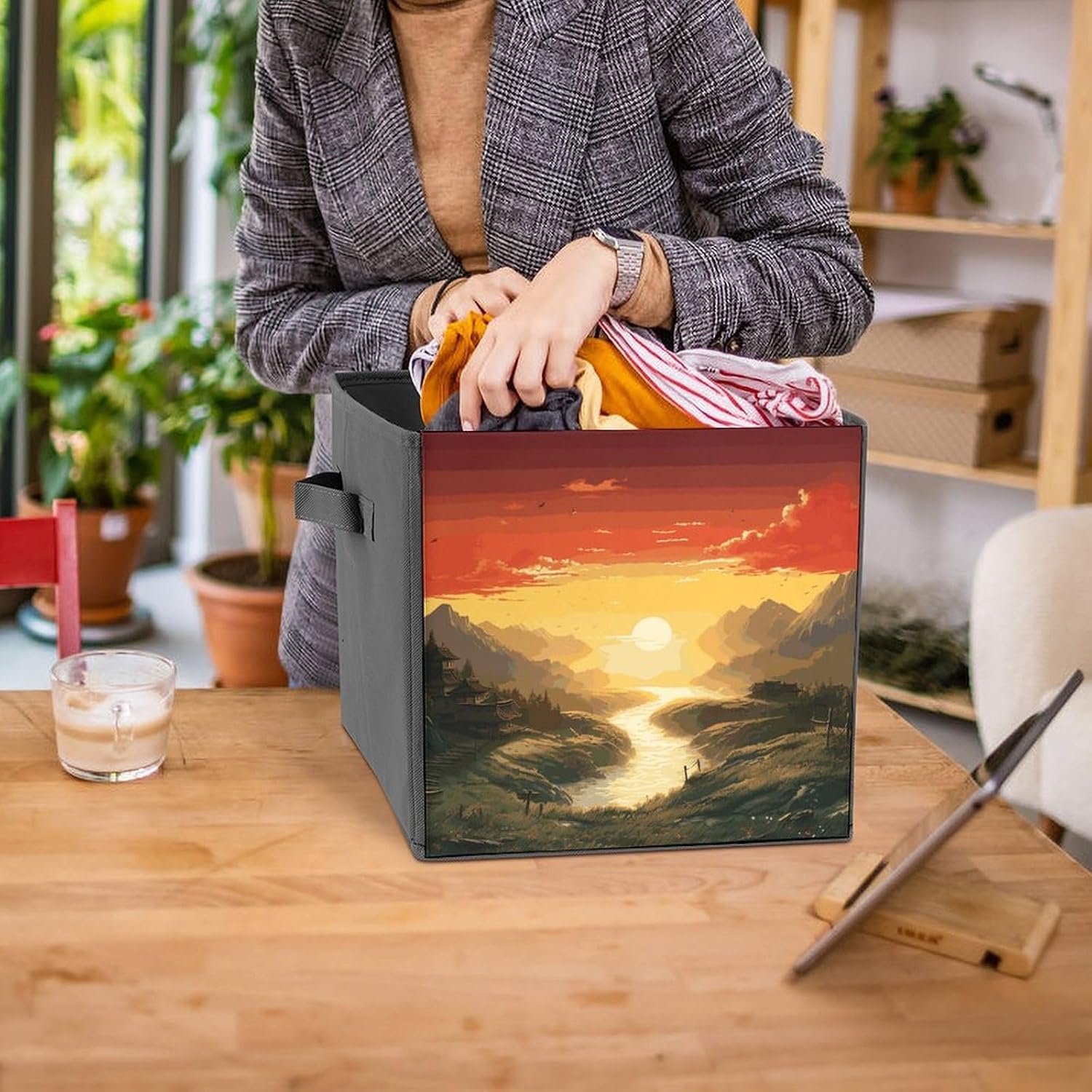 Folding Storage Bins Oxford Fabric Clothes Storage Boxes with Handles | Rising Sun Cube Organizer, Easy to Store, Multi Functional Cube Storage Organizer for Office Bedroom