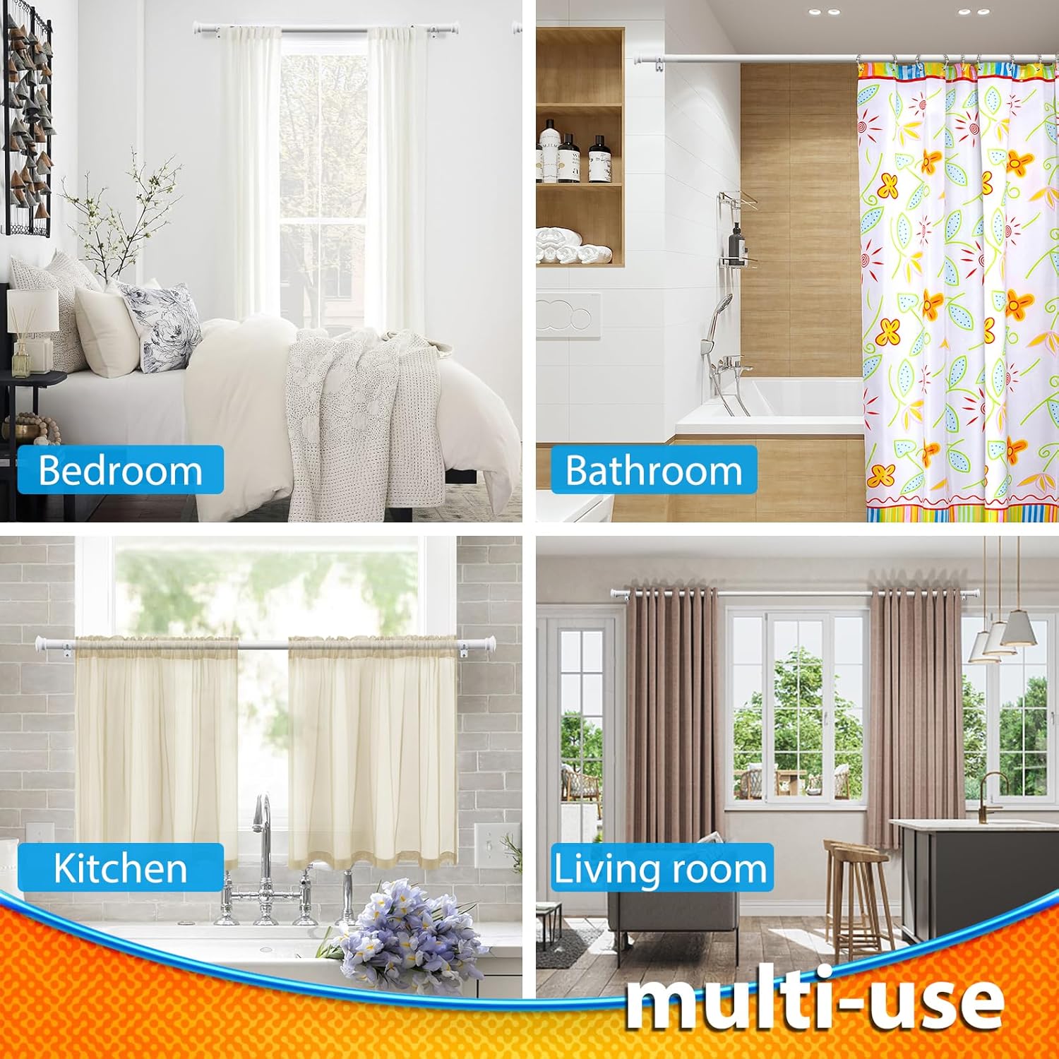 Heavy Duty Curtain Rods for Windows, 120 to 136 Adjustable Long Curtain Rod, 1 Inch White Curtain Rod Set for Sliding Door, Living Room, Bedroom, Outdoor Patio, Metal Grommet Drapery Rod with Brackets