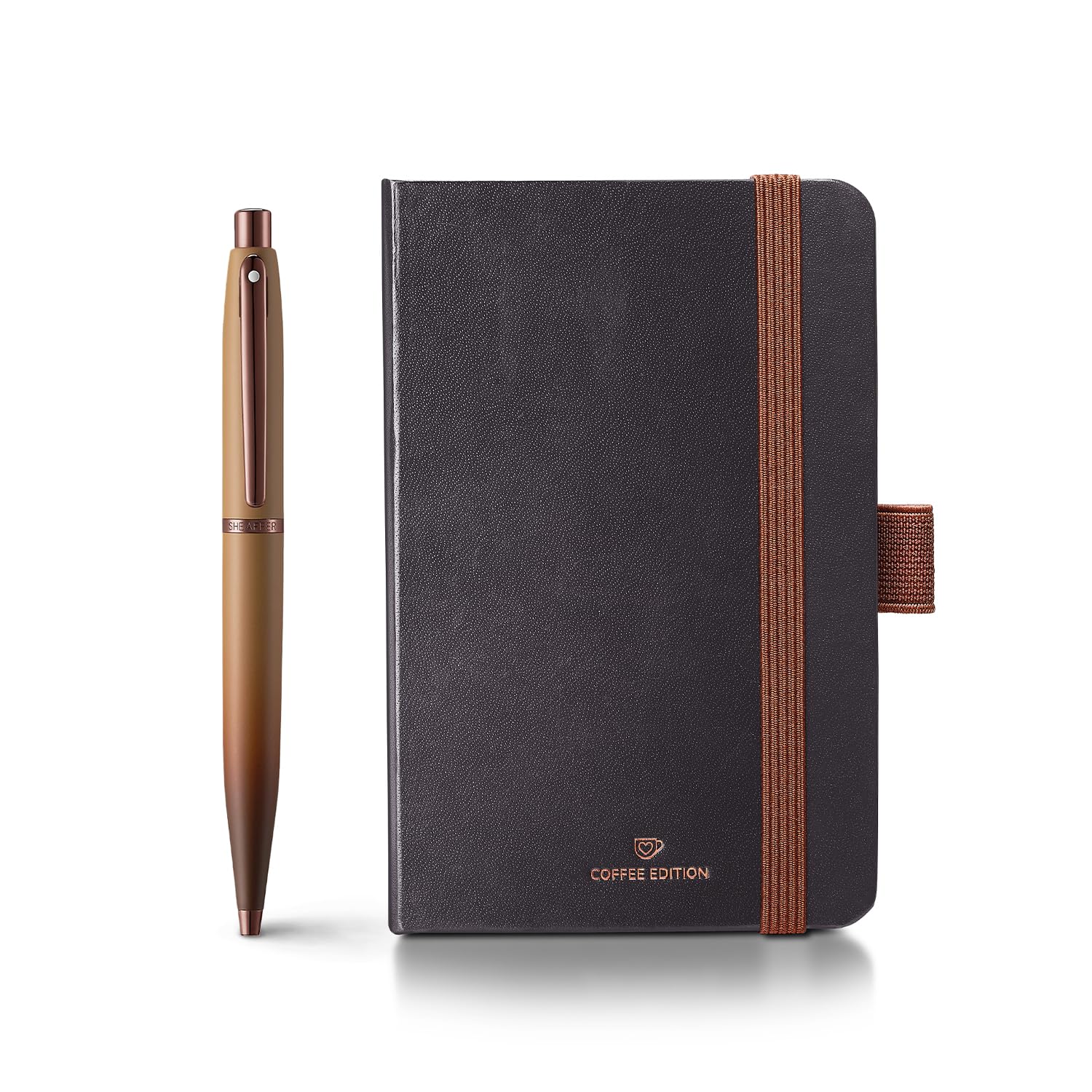 Sheaffer VFM Geschenkset 9428 Coffee Edition Kugelschreiber mit königsbraunen PVD-Rändern und kleinem Notizbuch, Mattbraun
