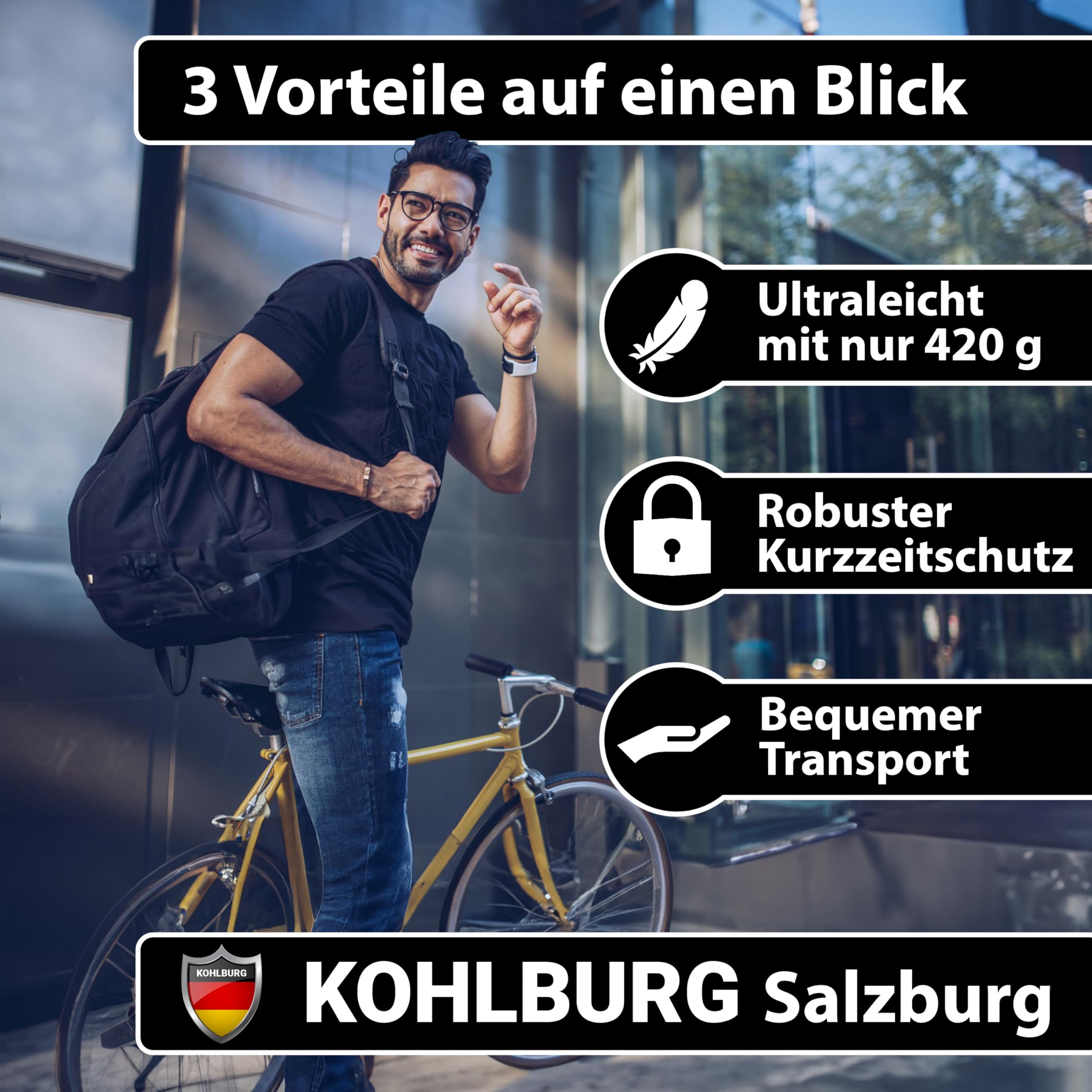 KOHLBURG 420g leichtes Fahrradschloss mit Halterung für lange Touren - Kurz-Zeit-Schutz Faltschloss - Gliederschloss 70cm lang für Fahrrad E-Bike & Rennrad Schloss - Mini Fahrradschloss leicht & klein